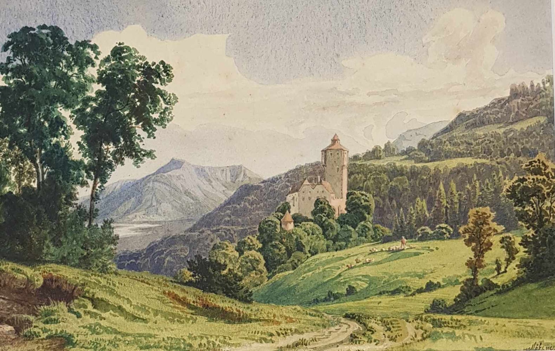 Josef Mössmer (1780-1845 in Wien) , Aquarell auf Papier, Schloss Friedberg , Größe: