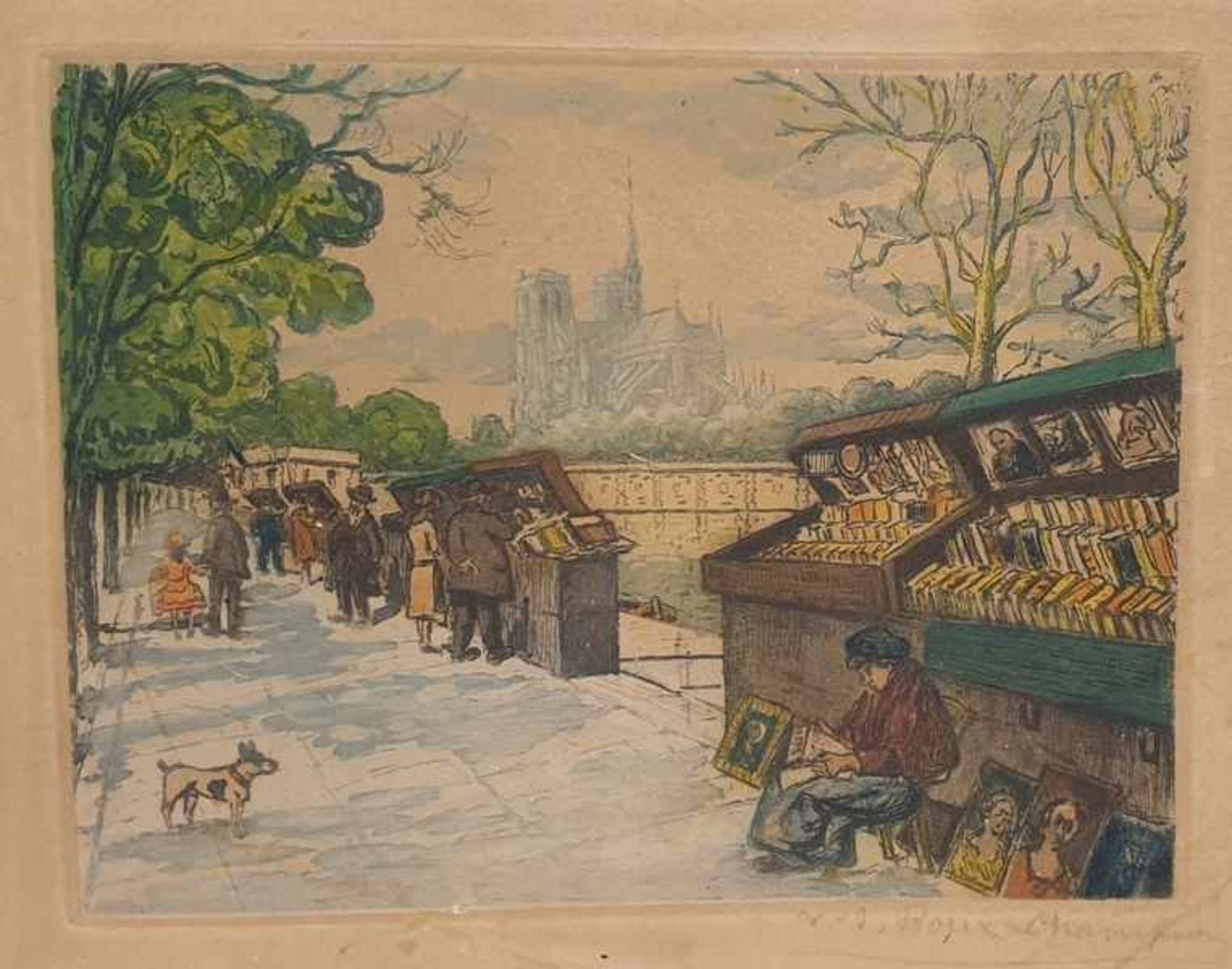 Joseph Victor Roux-Champion (Chaumont 1871-1953 Vars) , kolorierte Radierung, Antiquitätenmarkt an - Image 2 of 2
