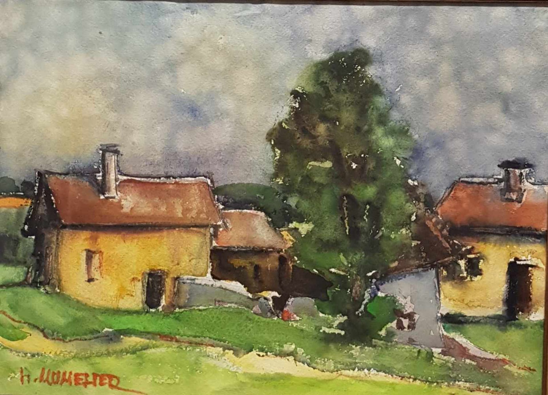 Hubert Mumelter (1896-1981 Bozen) , Aquarell auf Papier, Dorfansicht, Größe: 46,5x34cm, Rahmen