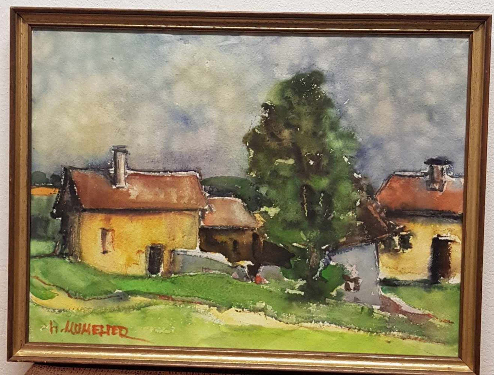 Hubert Mumelter (1896-1981 Bozen) , Aquarell auf Papier, Dorfansicht, Größe: 46,5x34cm, Rahmen - Image 2 of 3