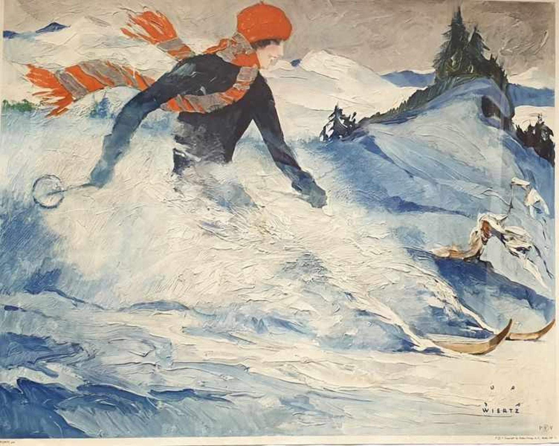 Jupp Wiertz ,Skifahrerin Christiana, Erstdruck Pallas Verrlag, ca. 1930 , gerahmt , Größe mit