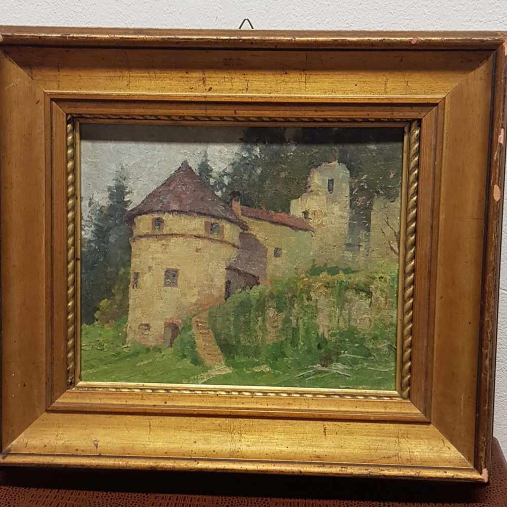 Burgruine, Öl auf Malkarton, 1. Hälfte 20. Jahrhundert, Größe: 28x22,5cm , Größe Rahmen: 44x38cm - Image 2 of 2