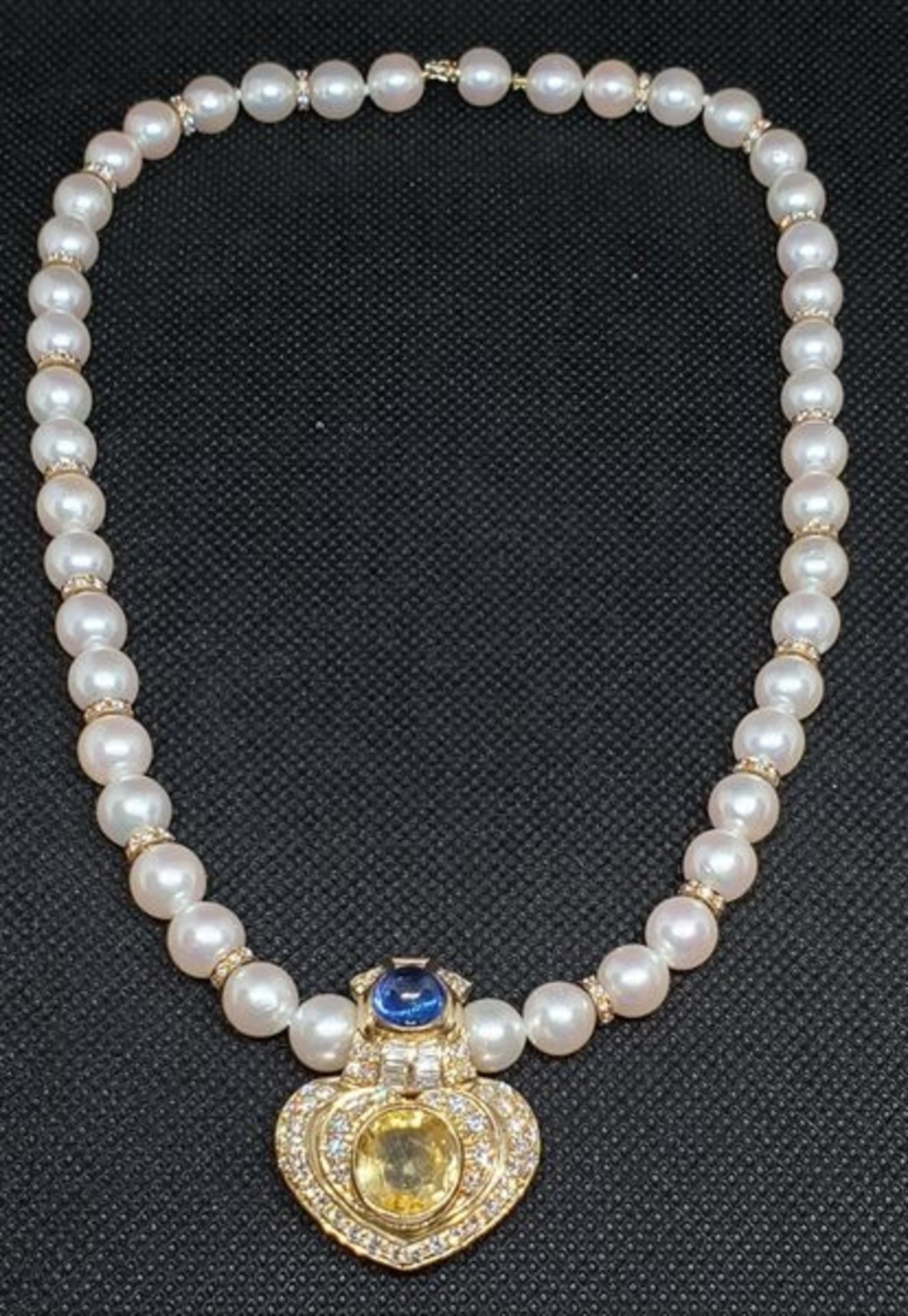 Akoya Perlen Colier mit Gelben und Blauen Saphier, Diamanten, Gold 750 , - Image 2 of 5