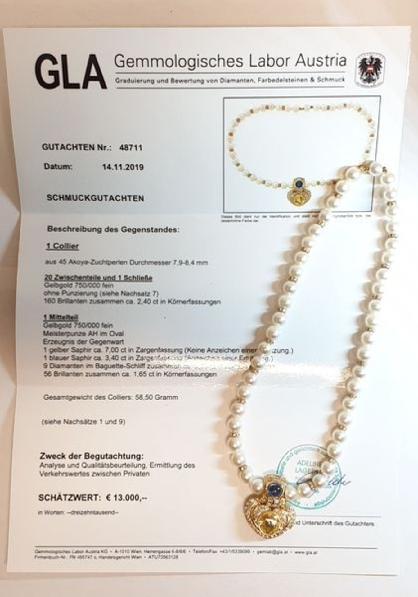 Akoya Perlen Colier mit Gelben und Blauen Saphier, Diamanten, Gold 750 ,