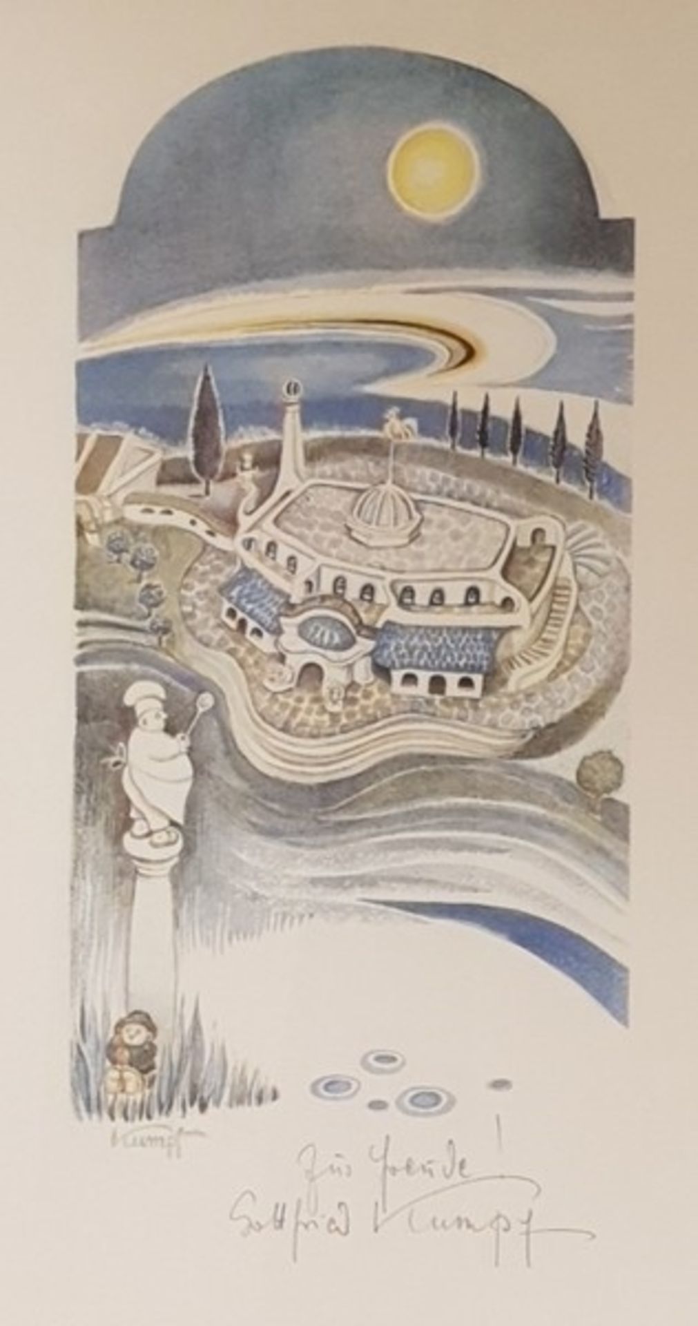 Gottfried Kumpf (29 November 1930) , Lithographie der Raststätte Göttlesbrunn, signiert "zur Freude"