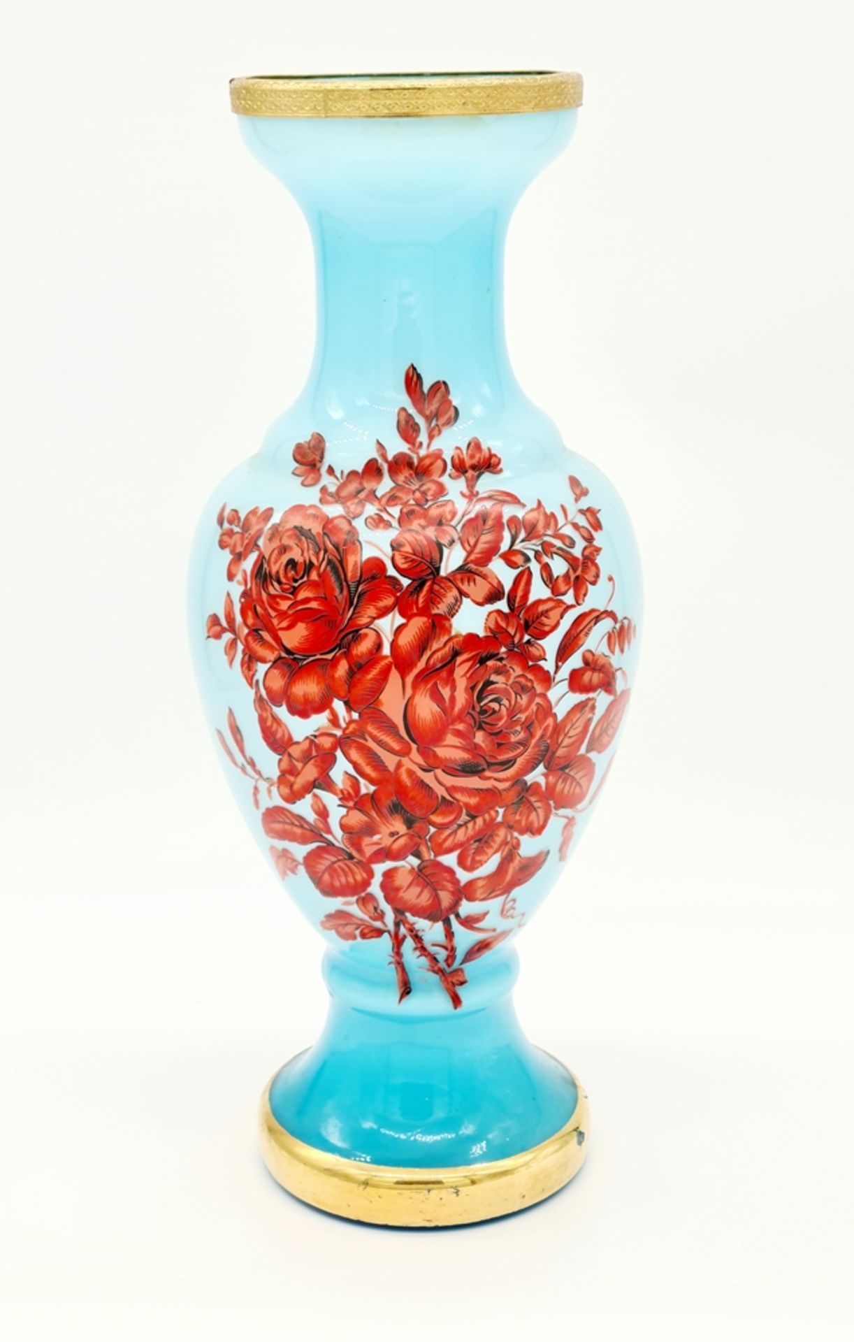 Vase, hellblau farbenes Glas , Rote Rosen Malerei , Goldrand, Größe: 36,5cm