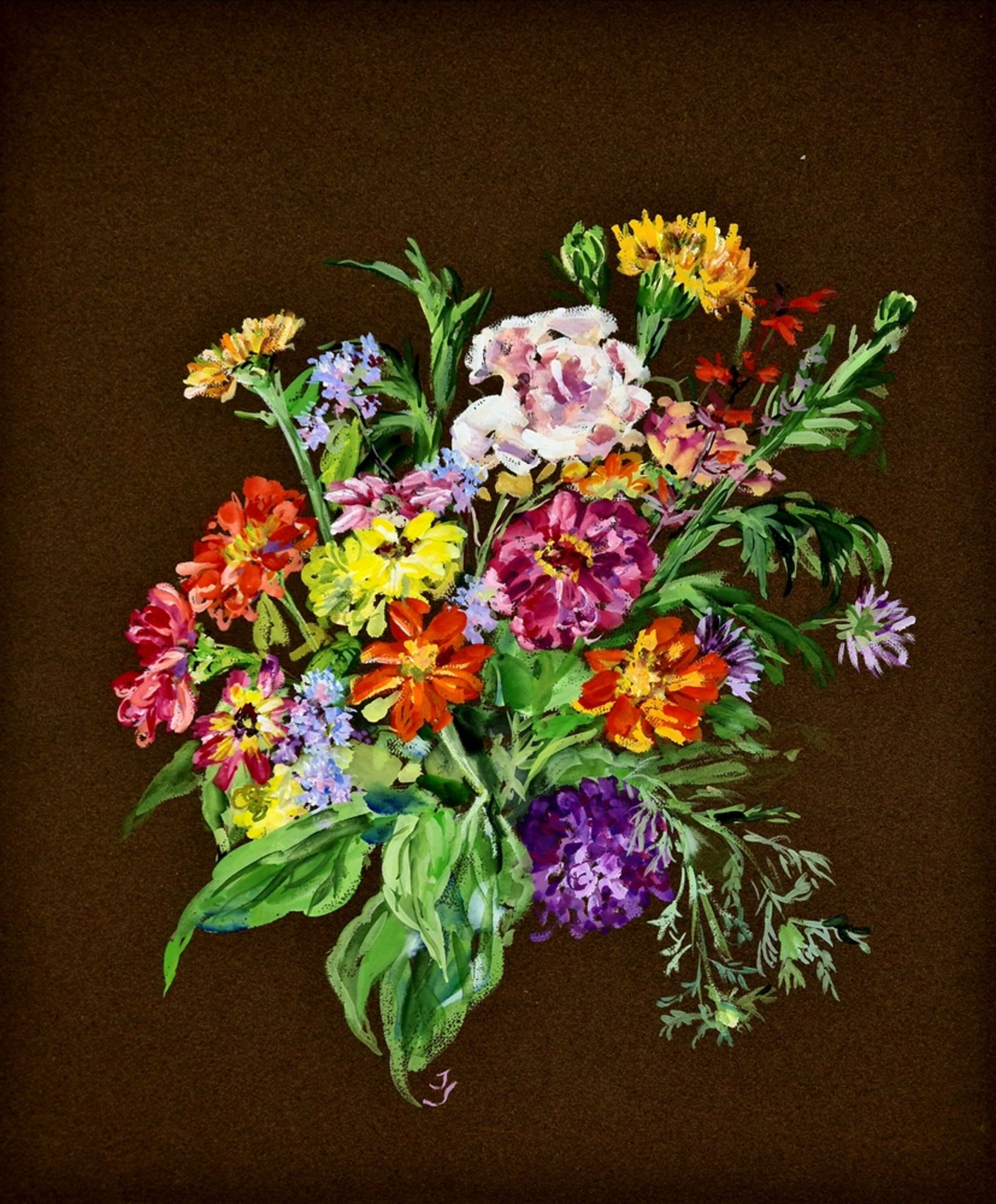 Josefine Schwabik (1917-2014 Innsbruck), Bunter Blumenstrauß , Acryl auf braunem Papier, 57,5x