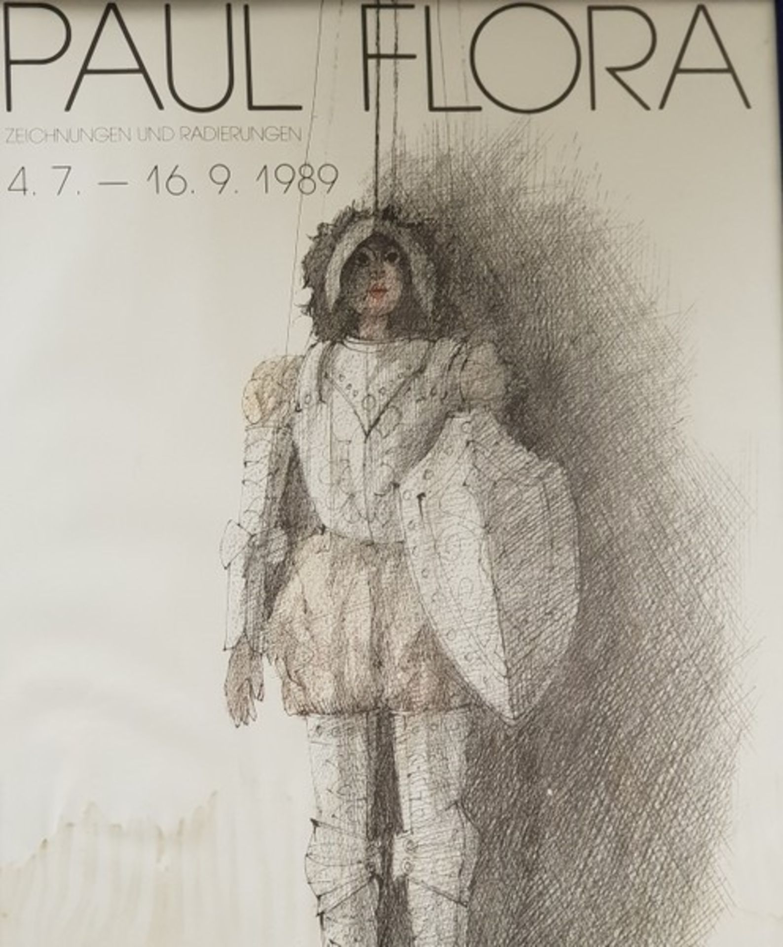 Paul Flora Ausstellungsplakat 1989, Druck, untere Seite Nässeschäden, Maße: 58,5x48 cm, gerah