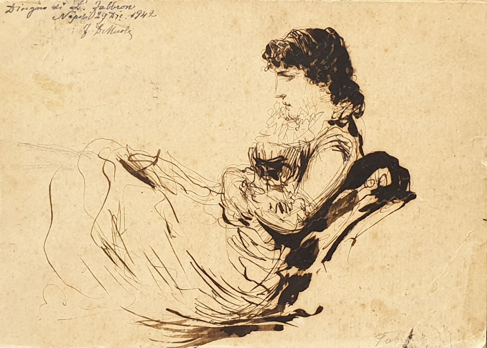 Sitzende Dame, Braune Feder, Signiert: L. Fabbron , Napoli 1842 , Größe: ca.17x12 cm