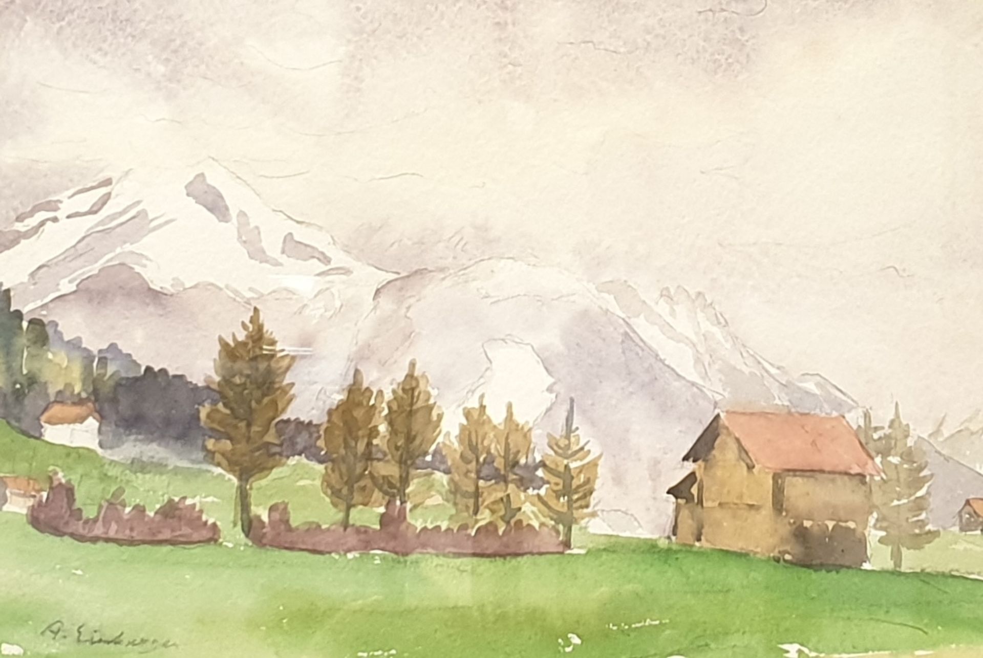 Andreas Einberger, Aquarell , Landschaft mit Gehöft , signiert: A. Einberger, Größe Passepart