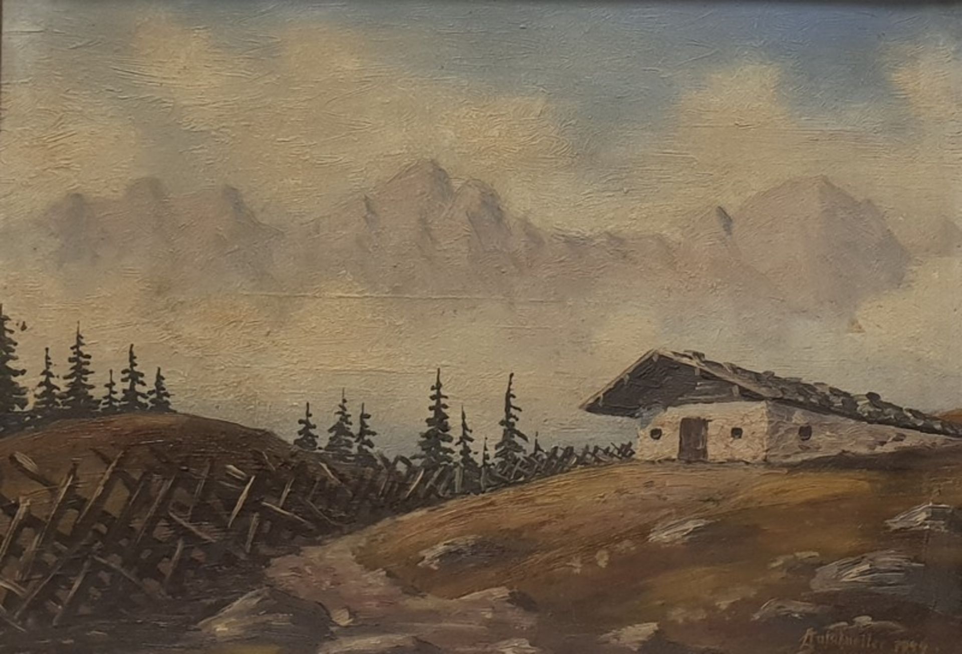 Gemälde Berglandschaft mit Bauernhof signiert Aufschneiter 1999, Öl auf Karton , Maße 45x32cm