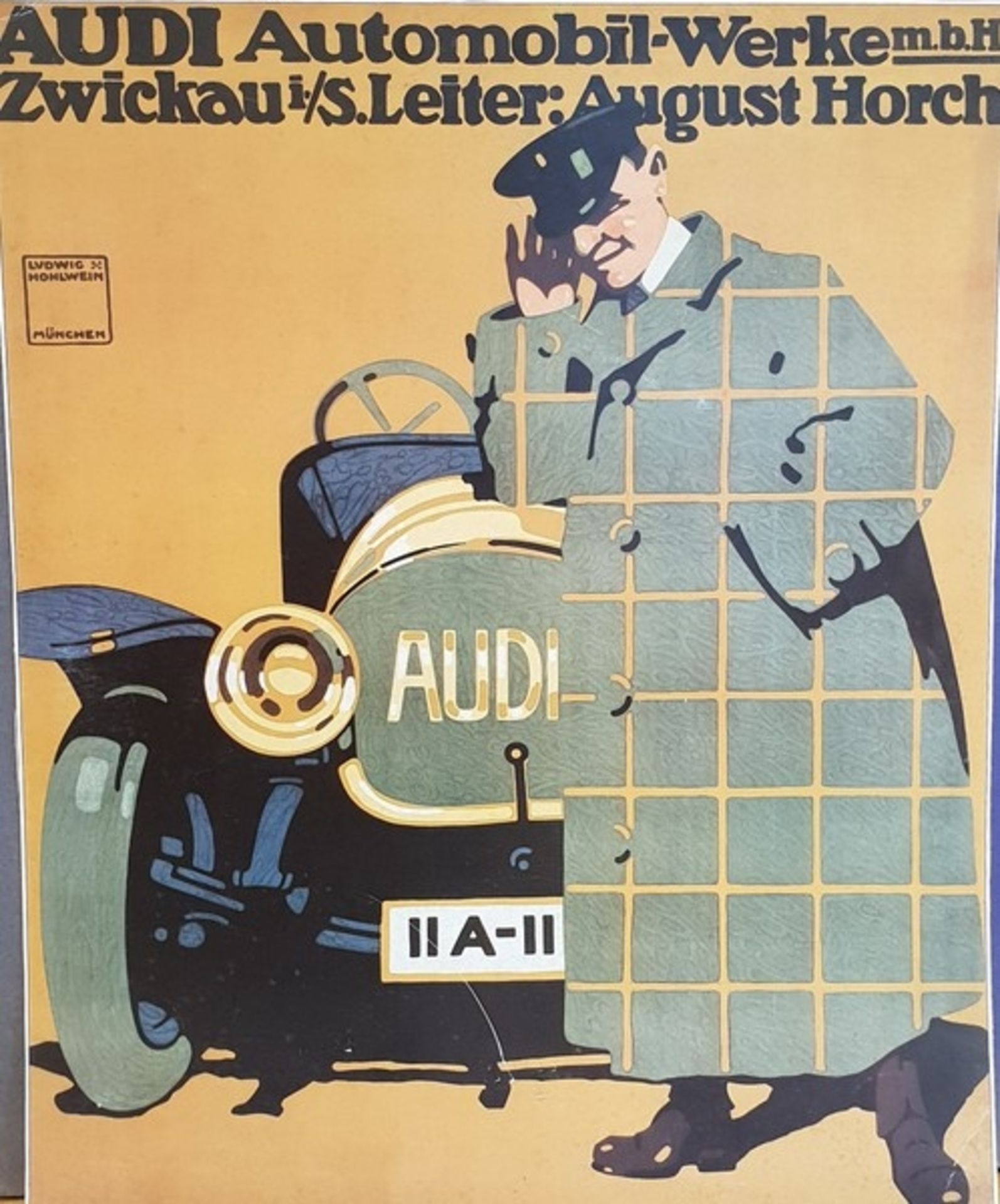 Audi Automobil- Werke m.b.H Zwickau, frühe Plakat Reproduktion, teilweise beschädigt und besch