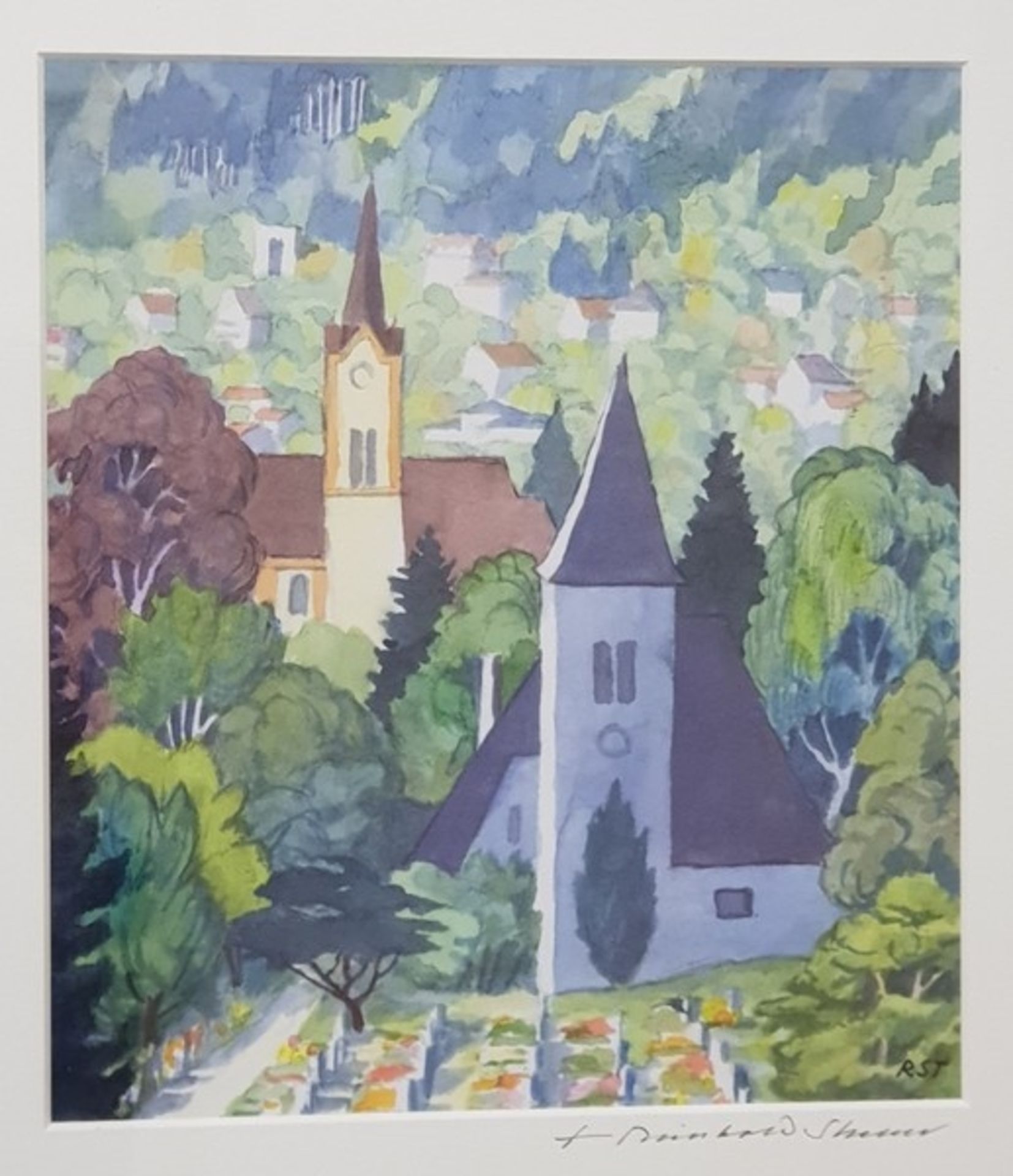Reinhold Stecher 1921-2013, Lithographie, Blick auf den Mühlauer Friedhof, gerahmt