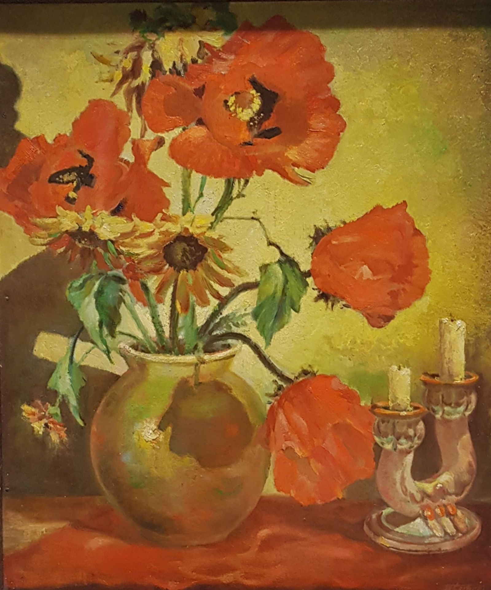 Stecher Martin (Innsbruck 1909-1975), Blumenstilleben , Öl auf Holzplatte , Größe: 49x59cm ,