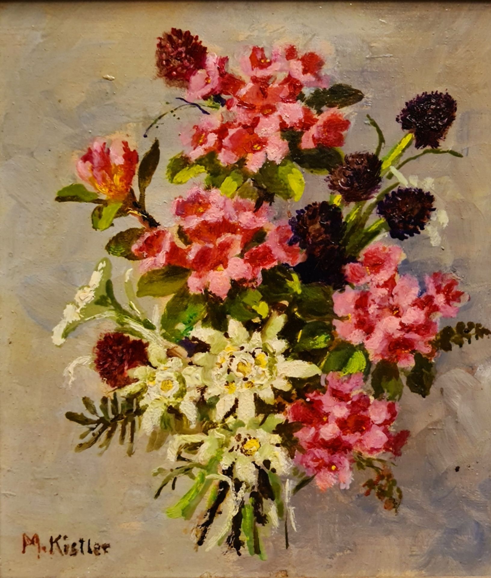 Maria Kistler - Tilipaul ,1884-1963 , Blumenstrauss , Öl auf Faerplatte, Größe: 16,5x14cm, si