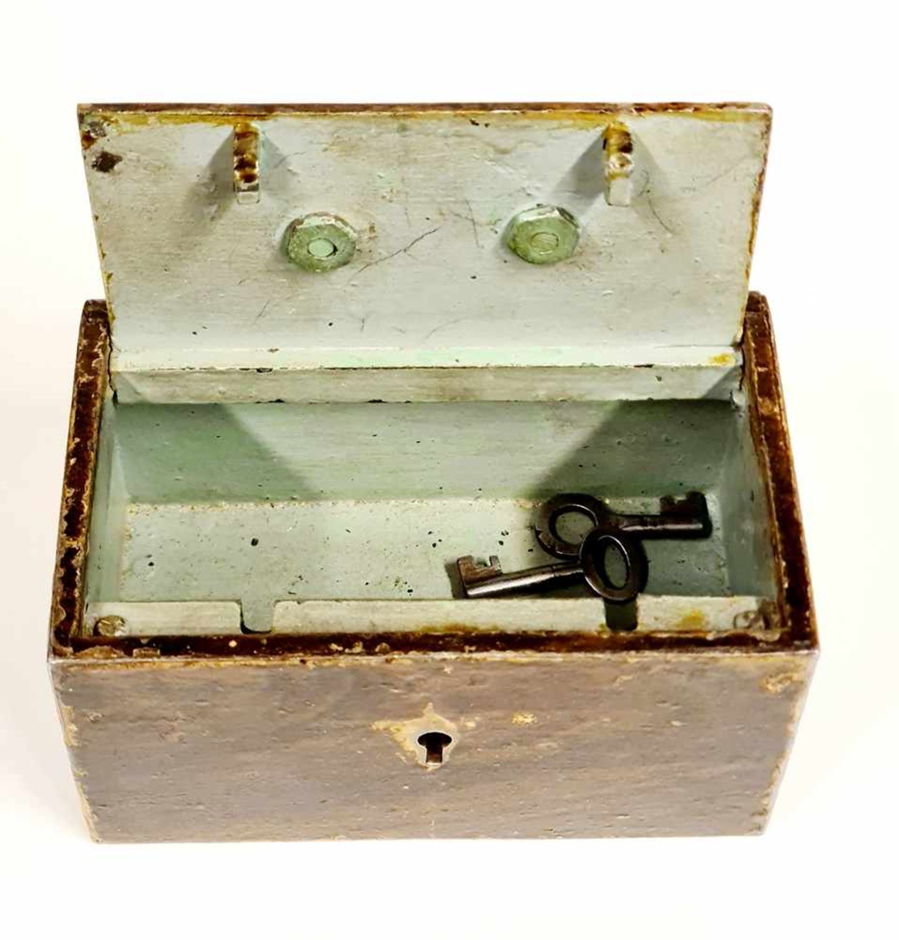 Geldkassette, Metall mit Messing-Griff, 2 Schlüssel beiliegend, 1. Drittel 20.Jhd, Größe: 13x - Image 2 of 2