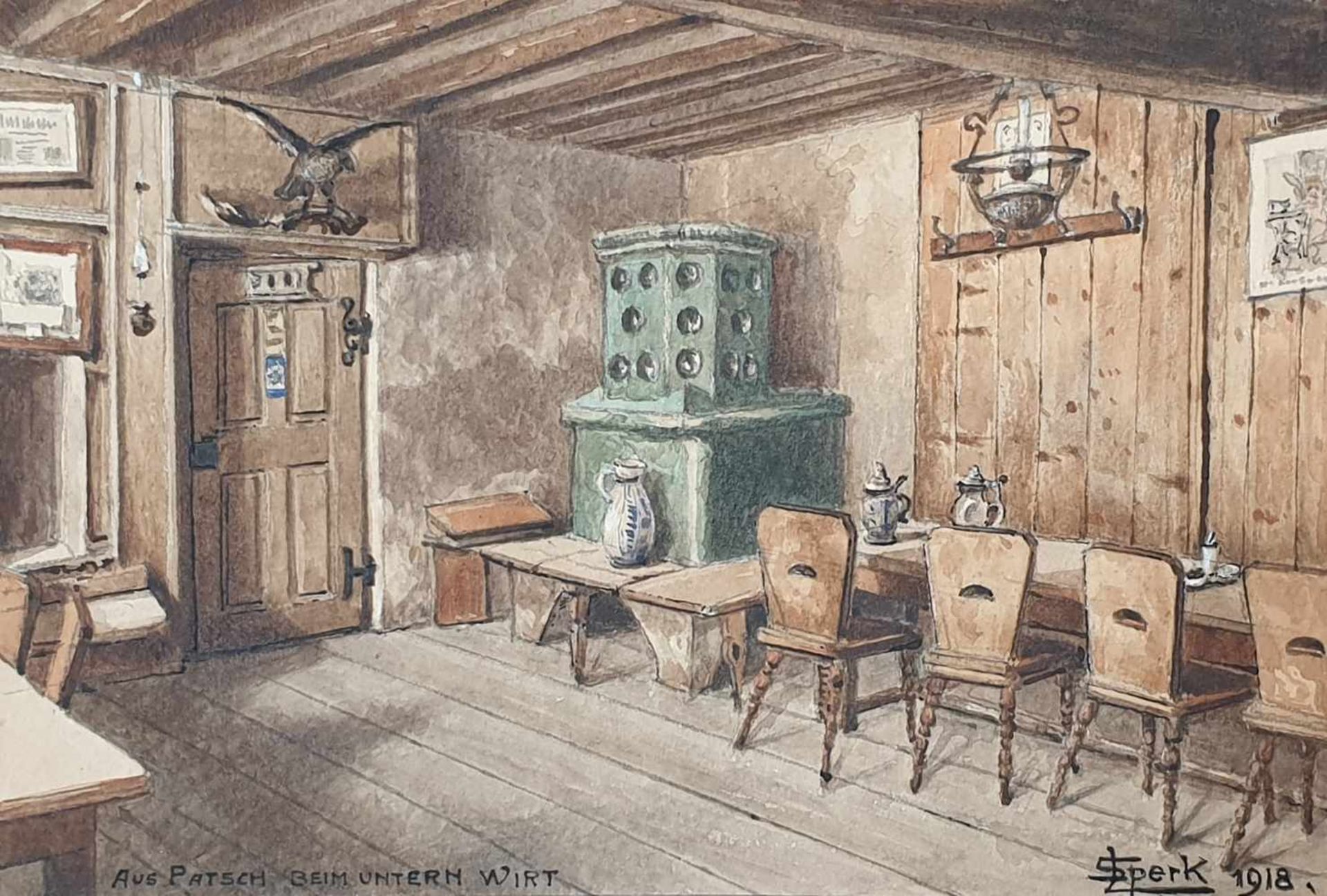 Wirtshausstube, Leo Sperk , aus Patsch beim untern Wirt ,1918 , Aquarell auf Papier, 16,5x11,5cm