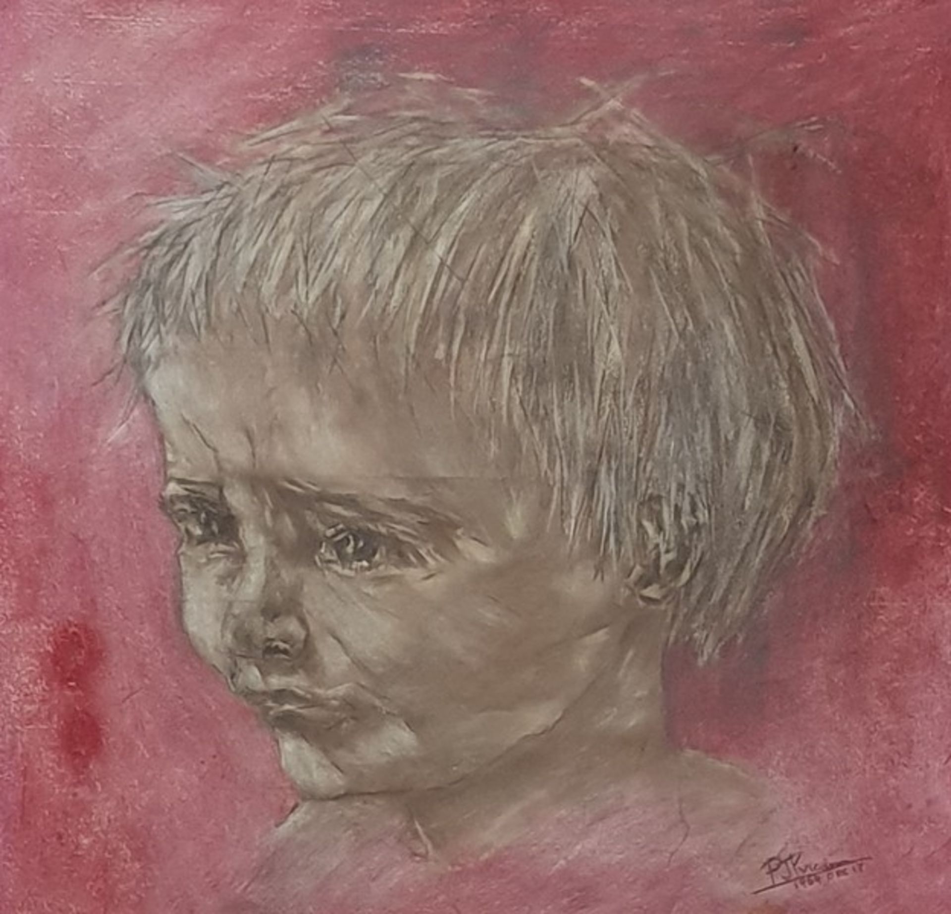Porträt eines Kindes, Mischtechnik auf Papier, gerahmt, signiert,1964, Passepartoutausschnitt 4