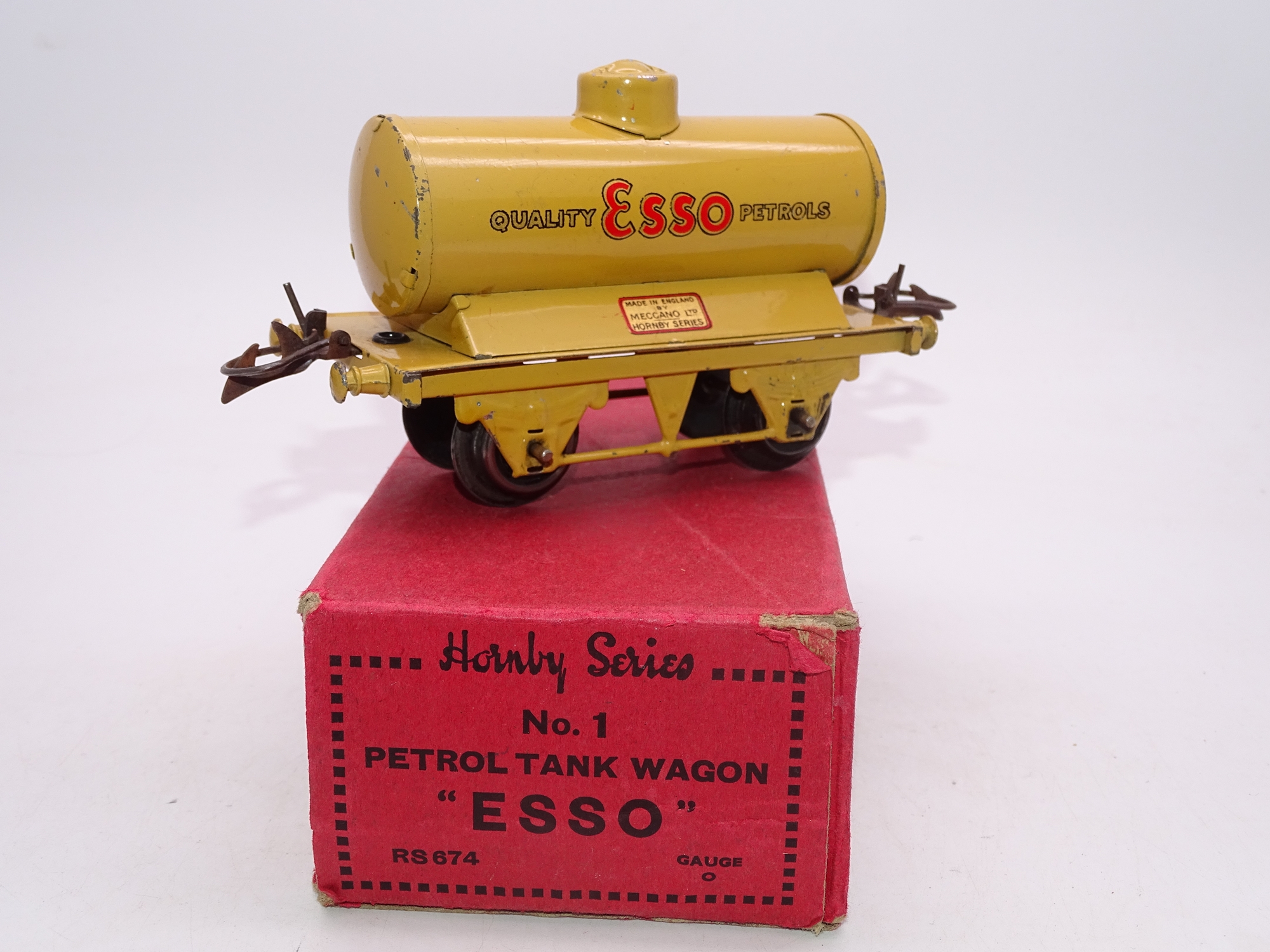 O Gauge: A HORNBY Series No.1 Petrol Tank wagon in Esso cream livery. F-G in a G box.