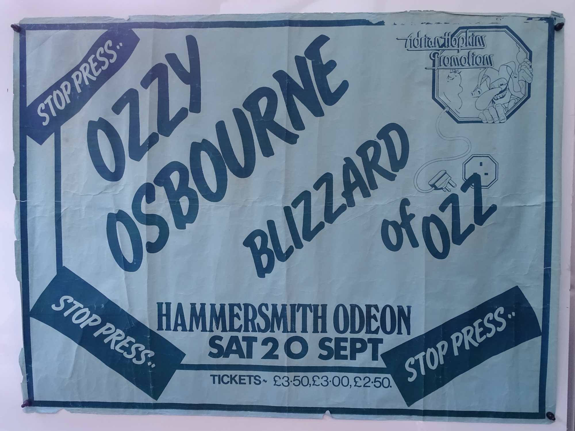 OZZY OSBOURNE 'BLIZZARD OF OZZ' - Promotional Concert Poster for HAMMERSMITH ODEON concert September