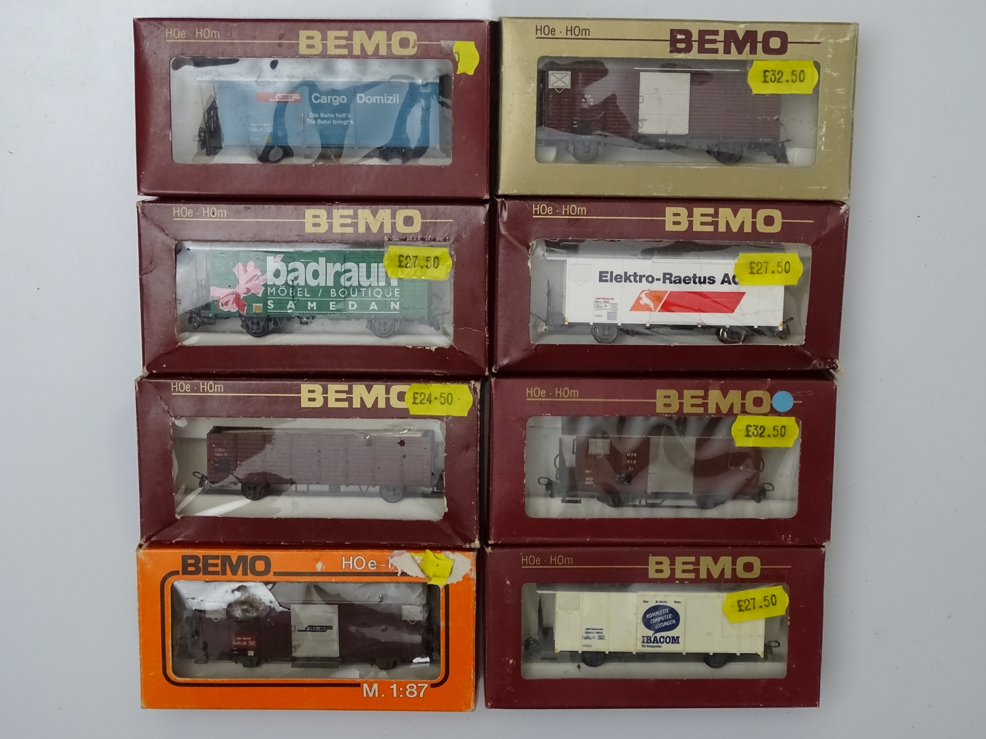 HOm GAUGE MODEL RAILWAYS: A group of BEMO HOm mixed wagons in various liveries - G/VG in G boxes (