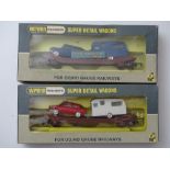 OO GAUGE MODEL RAILWAYS: A pair of WRENN Auto Distributors Lowmac wagons - one missing sign - both
