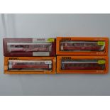 HOm GAUGE MODEL RAILWAYS: A group of HOm Swiss Outline coaches by BEMO in RHb red liveries - G/VG in