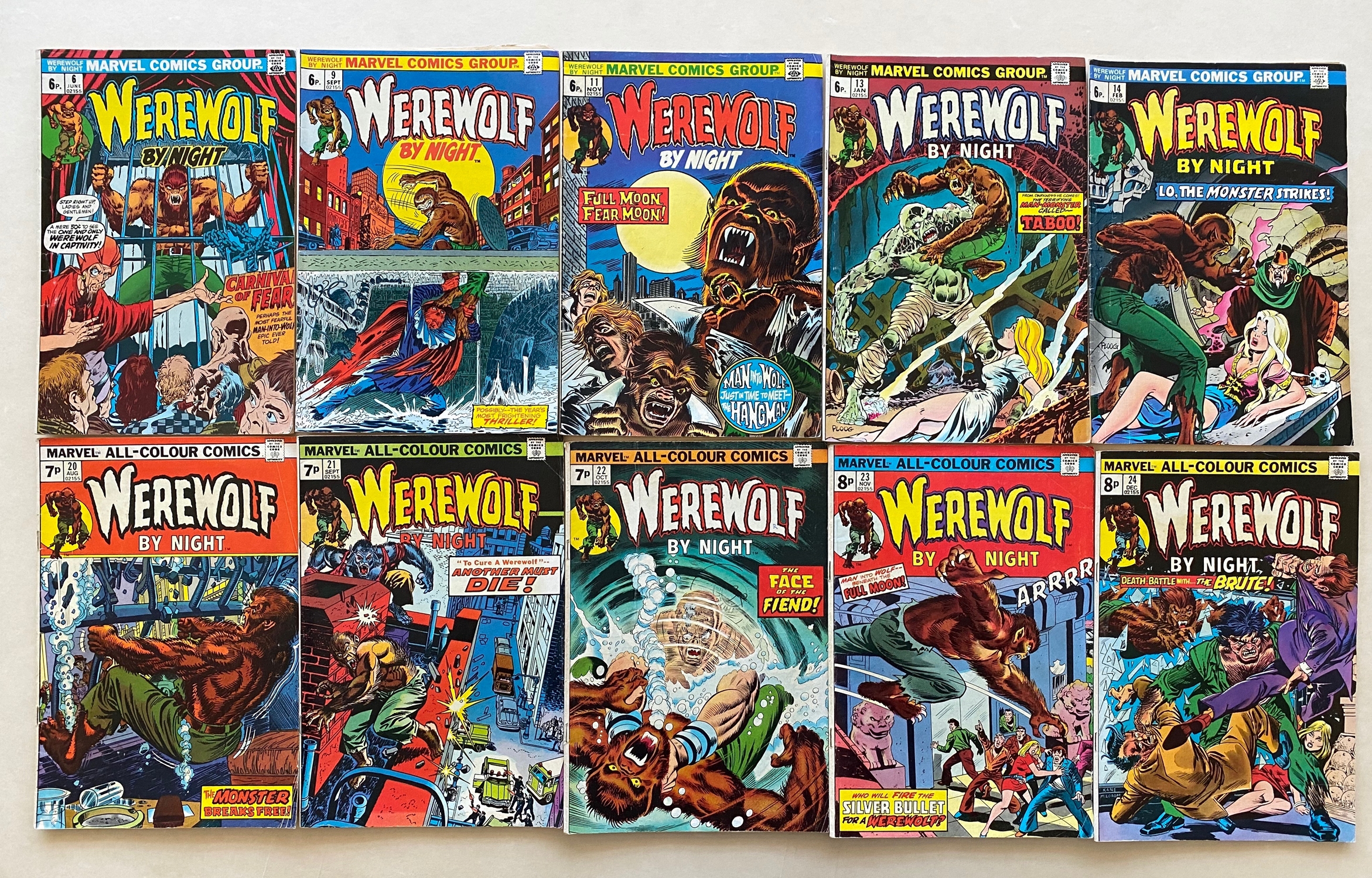 WEREWOLF BY NIGHT #6, 9, 11, 13, 14, 20, 21, 22, 23, 24 (10 in Lot) - (1973/74 - MARVEL - Pence