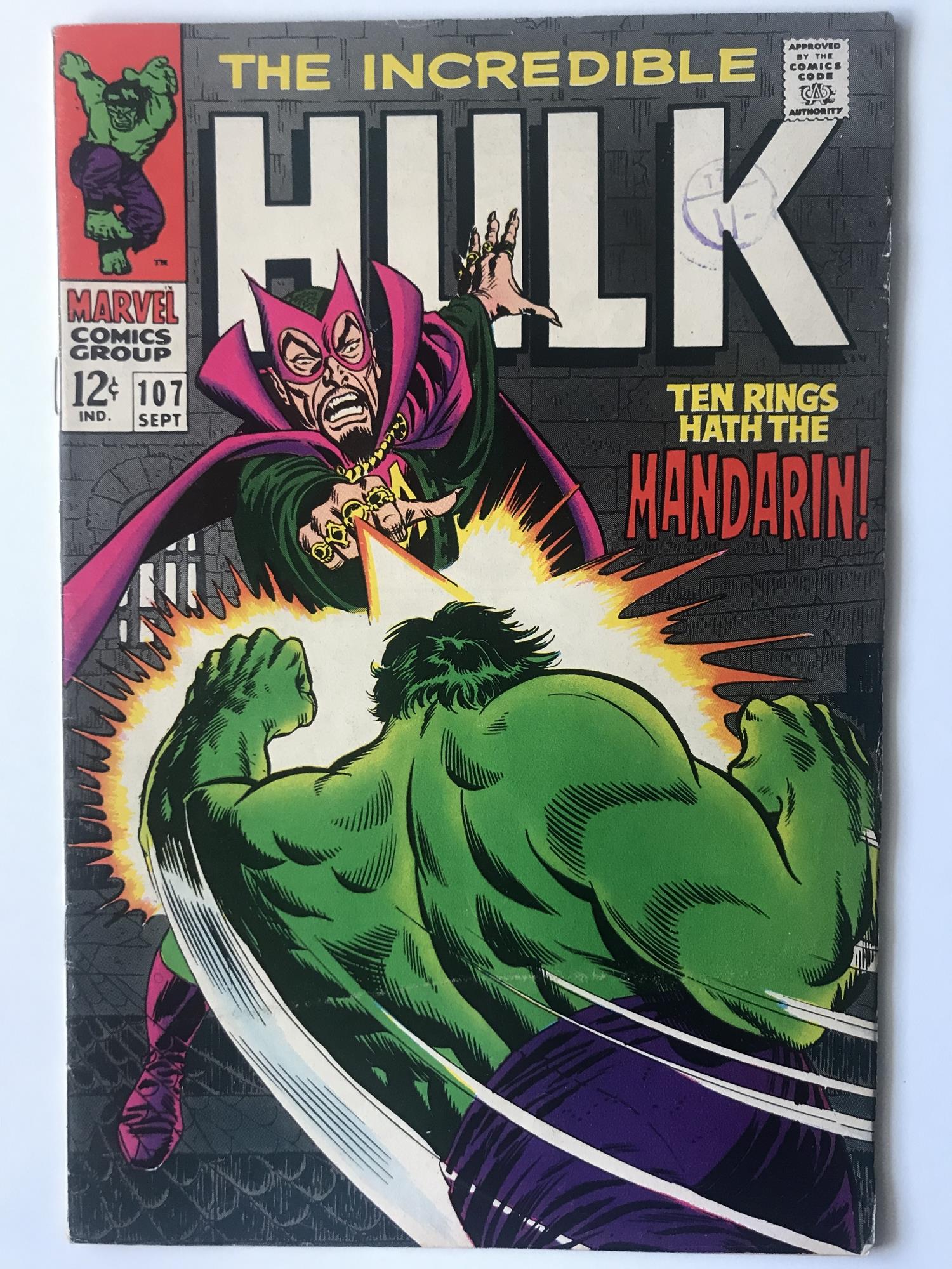 HULK # 107 (1968 - MARVEL - Cents with Pence Stamp) - Hulk battles Mandarin + Nick Fury and S.H.I.