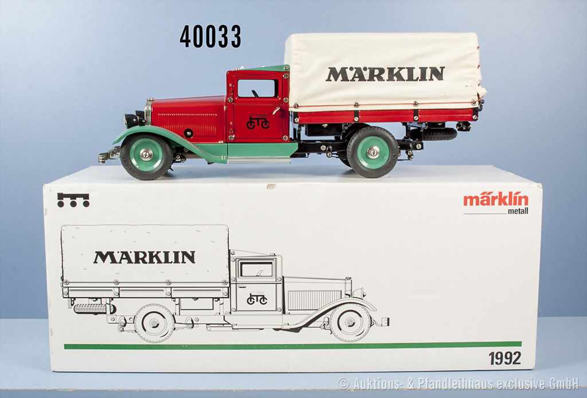 Märklin 1992 Lkw mit Stoffplane, rot/grün lackierte Blechausführung, mit verschiedenen Funktionen,