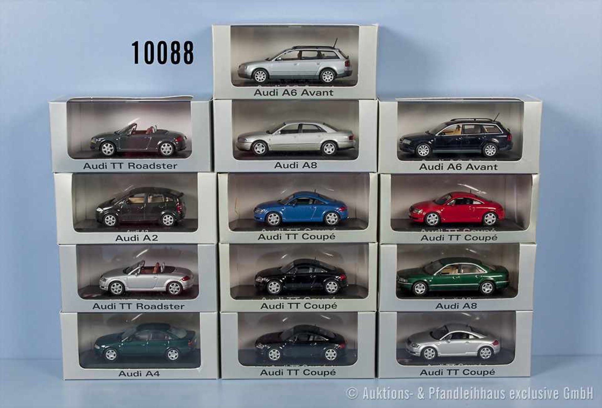 Konv. 13 Minichamps "Paul's Model Art" Modellfahrzeuge Audi, dabei Pkw und Sportwagen, u. a. TT