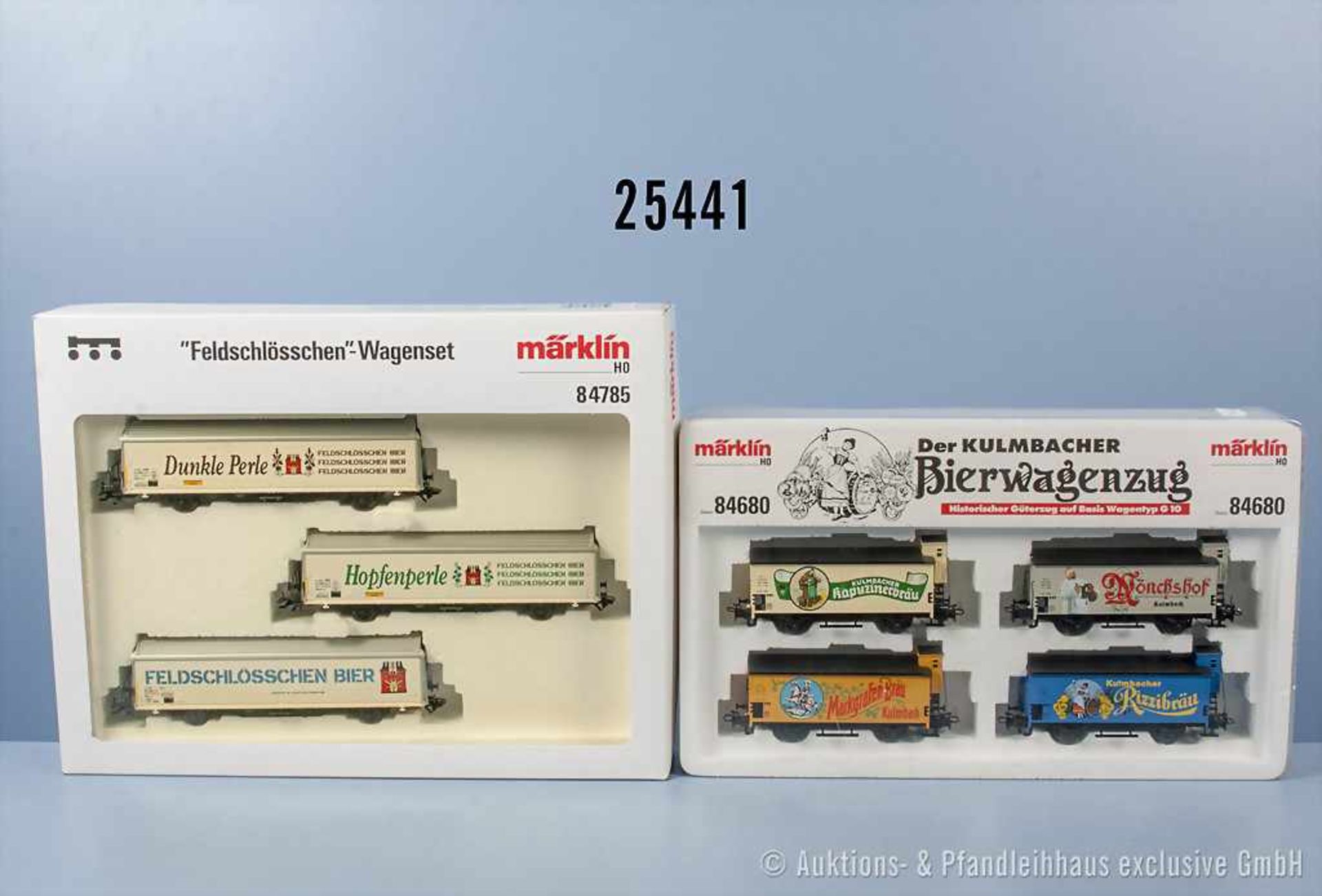 Konv. 2 Märklin H0 Wagensets, dabei 84680 "Der Kulmbacher Bierwagenzug" und 84785 "Feldschlösschen",