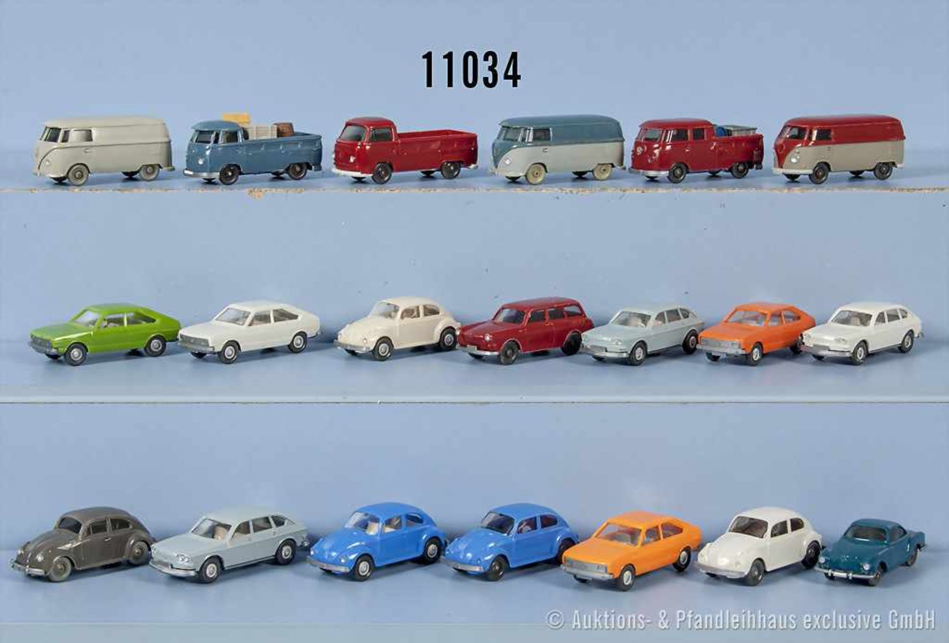 Konv. 20 Wiking H0 Modellfahrzeuge, Pkw und VW-Busse, u. a. 322, 321/I, 321/D, 326/2 D, 327/1 A,
