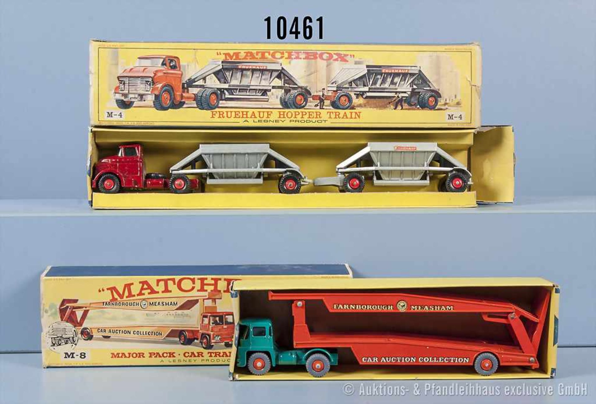 Konv. 2 Matchbox Major Pack Modellfahrzeuge, M-8 Car Transporter und M-4 Fruehauf Hopper Train,