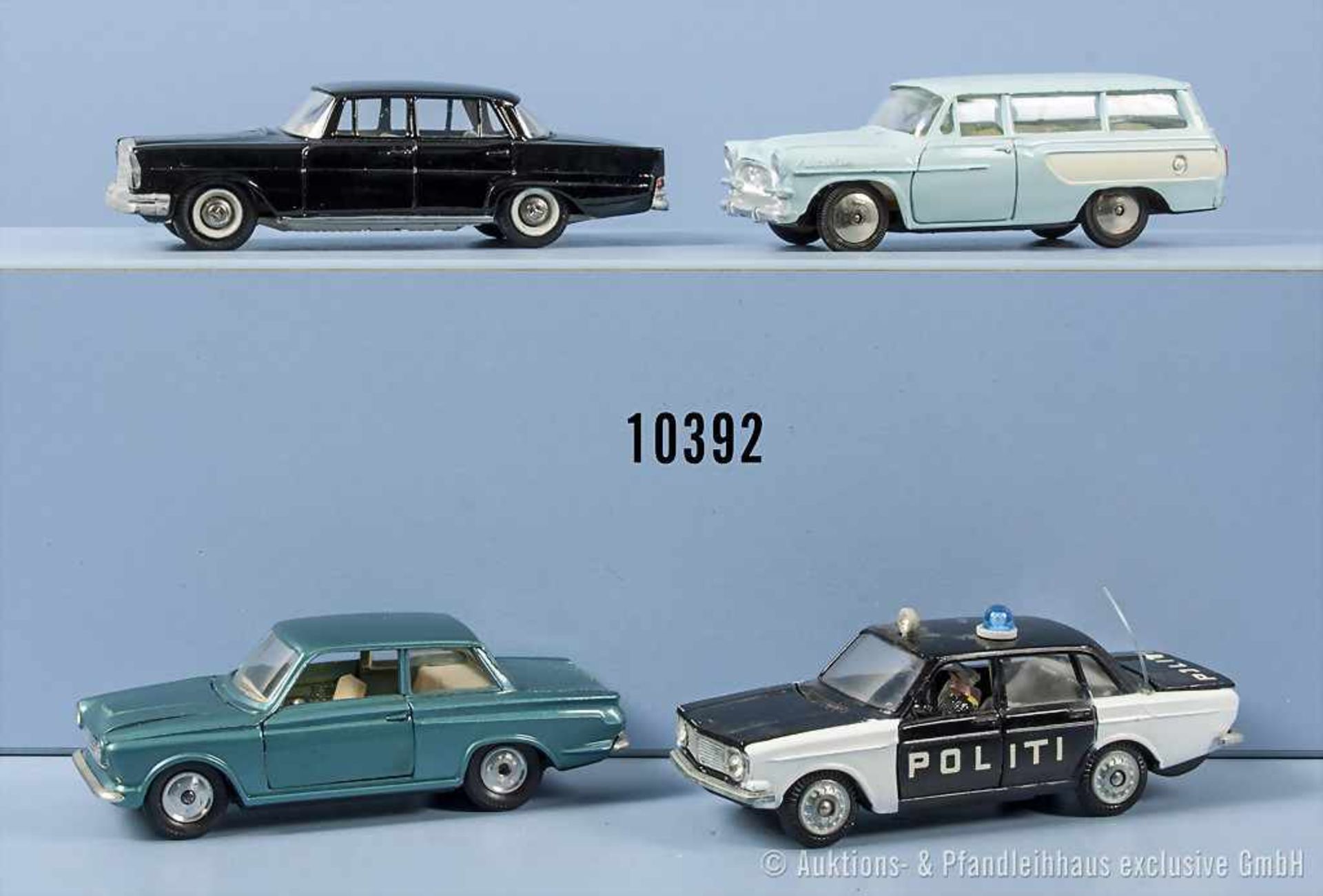 Konv. 4 Modellfahrzeuge, Politoys 507 Ford Consul Cortina und 2 x Tekno, Mercedes Benz 220 SE und