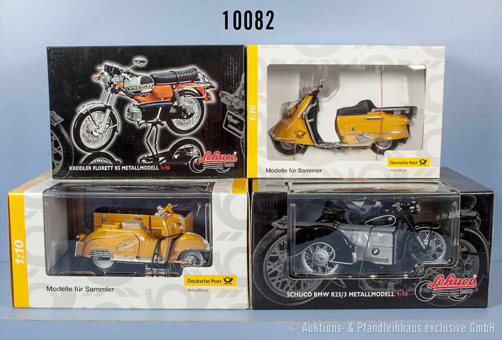 Konv. 4 Schuco Motorräder, Kreidler Florett RS, BMW R 25/3 "Teiledienst", Nr. 006729 Motorroller