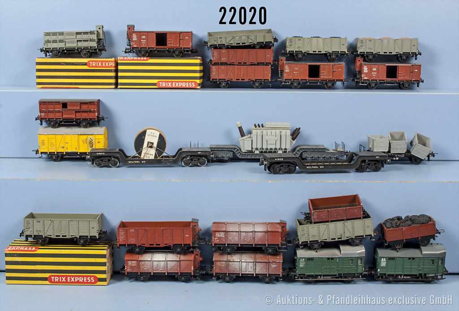 Konv. 25 Trix Express H0 Gussgüterwagen, dabei 10 Hochbordwagen, 4 gedeckte Güterwagen mit
