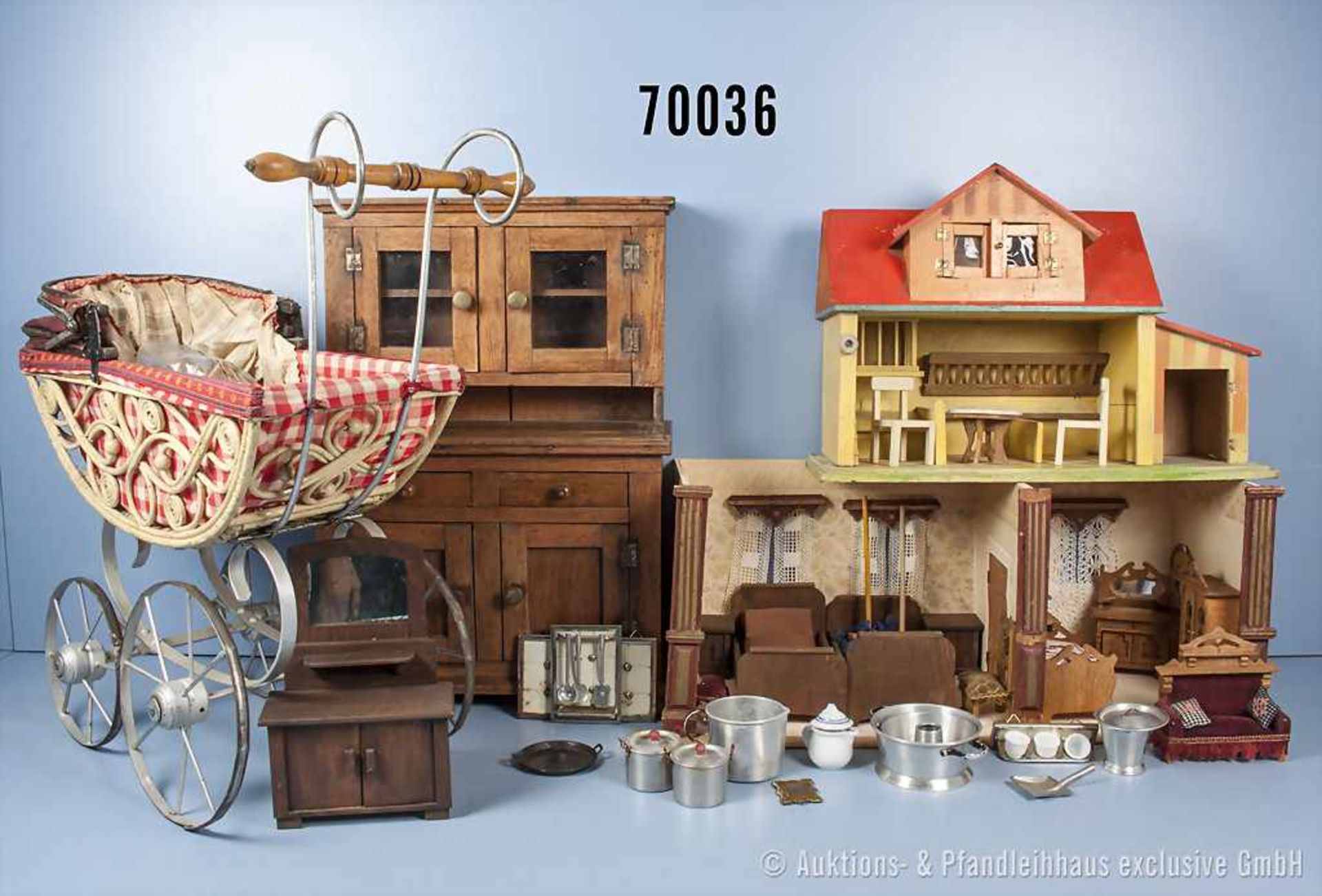 Konv. Verschiedenes, alter kleiner Puppenwagen, 3 Puppenstuben, Stall, Kinder-Küchenschrank,