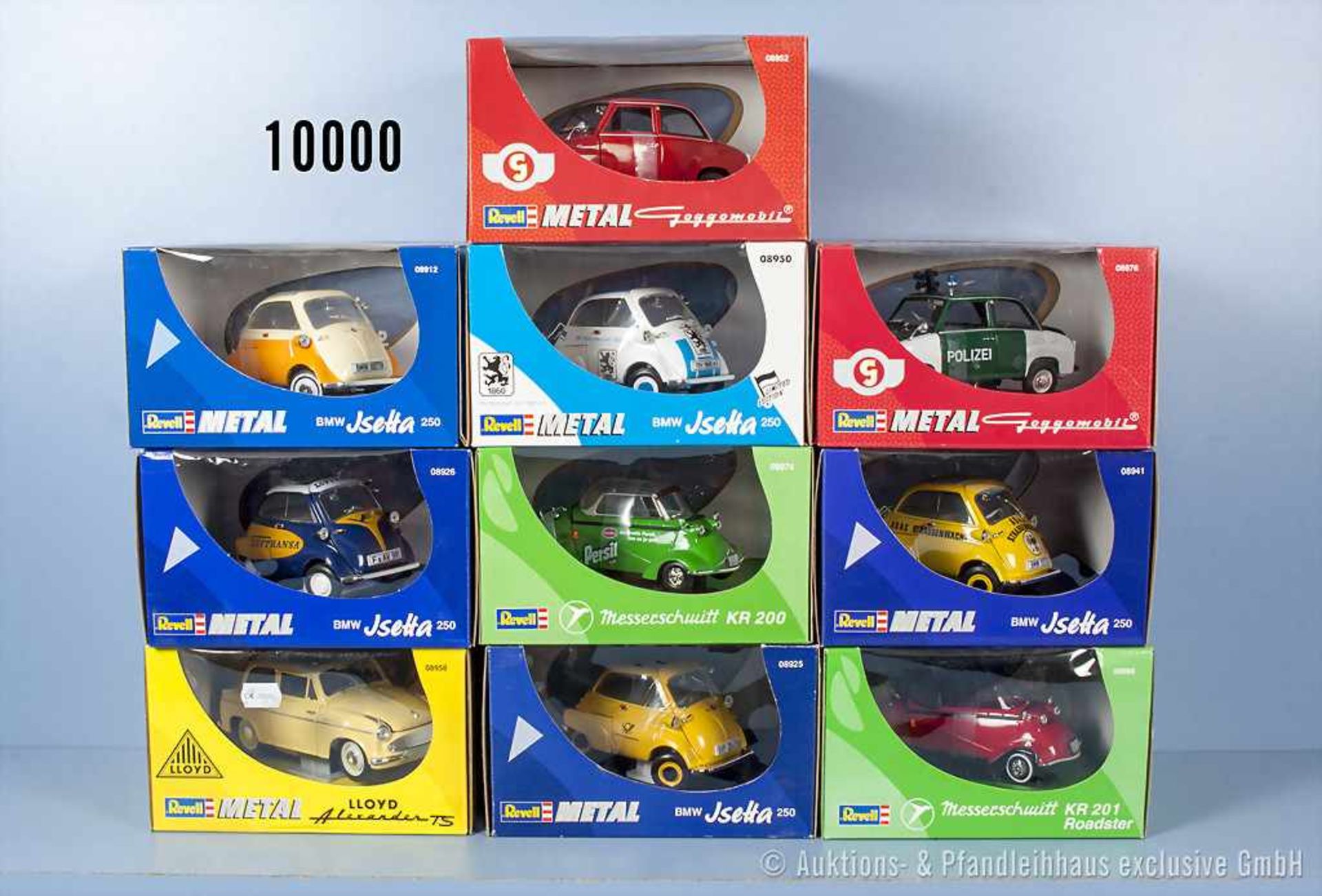 Konv. 10 Revell Metal Modellfahrzeuge, dabei BMW Isetta, Goggomobil, Messerschmitt und Lloyd