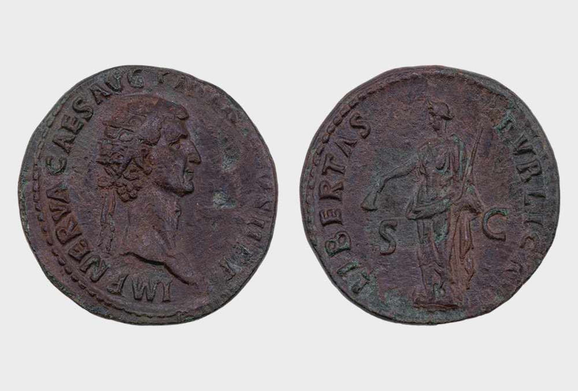 Römische Kaiserzeit, Nerva (96-98), Dupondius, 96, Rom. Vs. IMP NERVA CAES AVG P M TR P COS II P