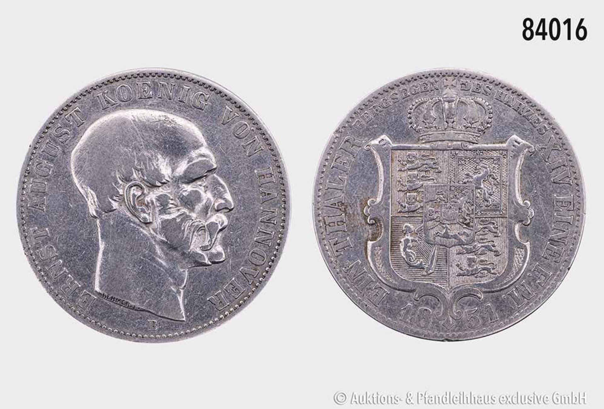 Hannover, Ernst August (1837-1851), Ausbeutetaler 1851 B (750er Silber). 22,00 g; 34 mm. AKS 134;