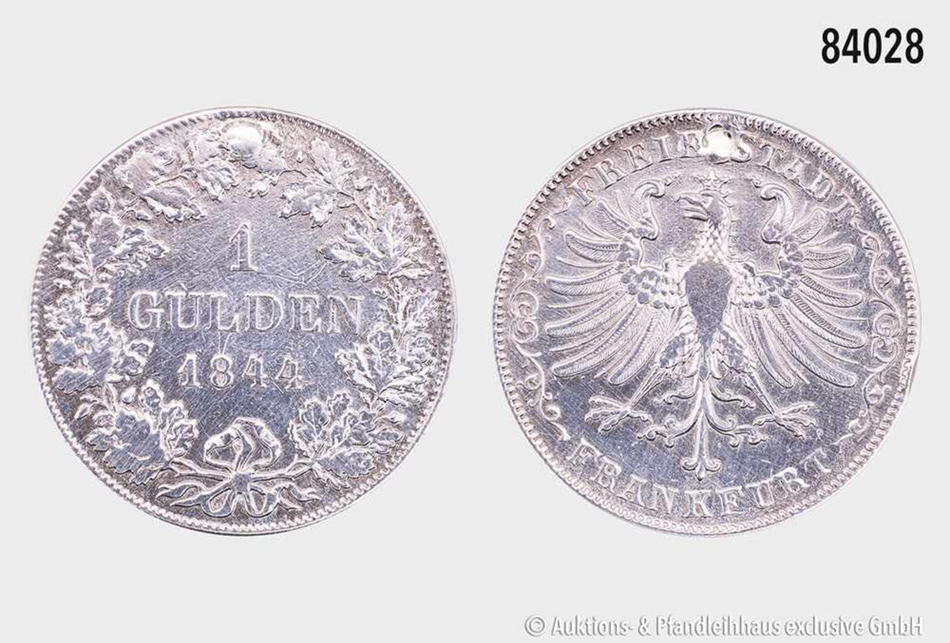Frankfurt am Main, 1 Gulden 1844. 10,41 g; 30 mm. AKS 12; Jaeger 27. Gestopftes Loch, Randfehler,