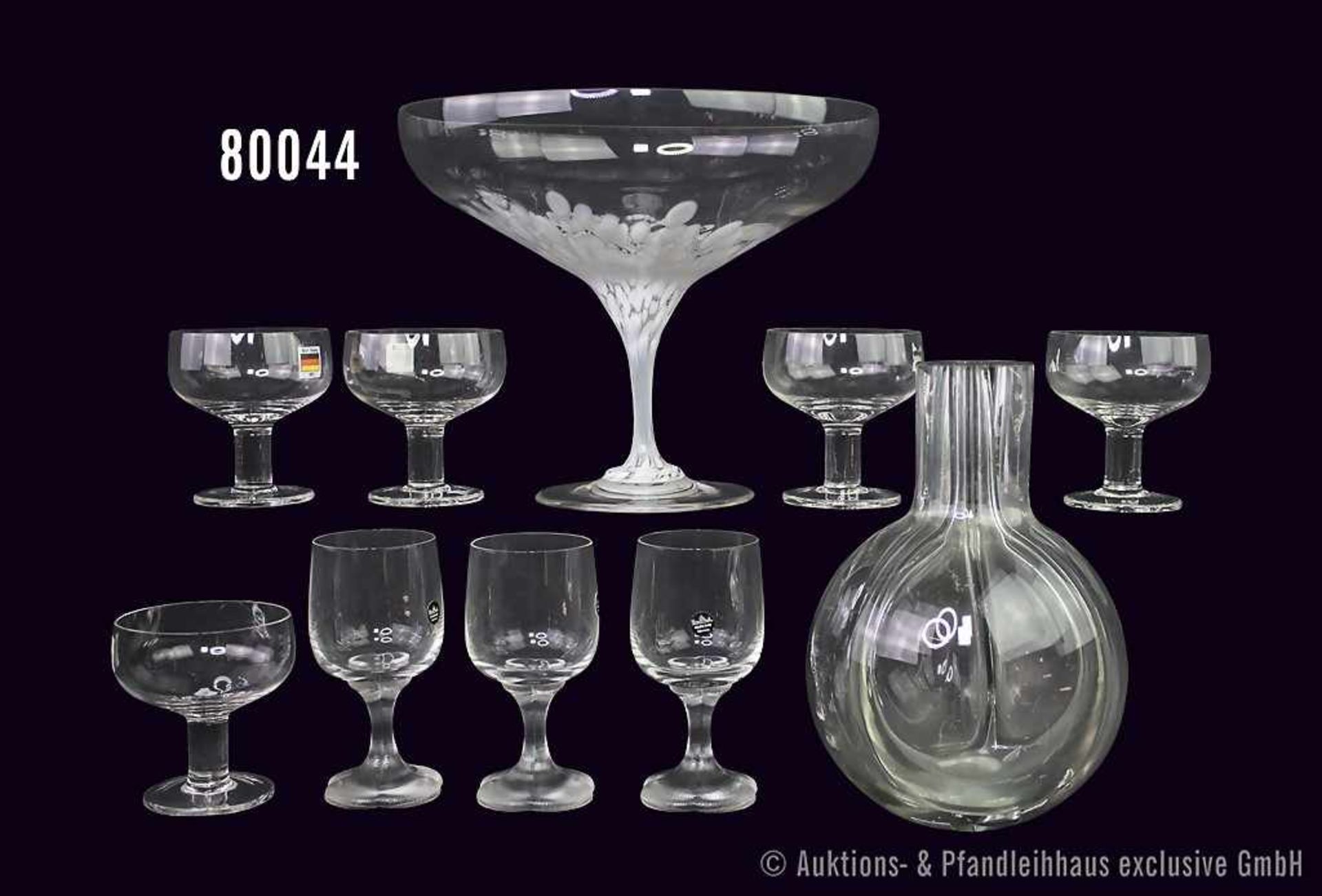 Konv. Rosenthal Glas, dabei 6 Sektkelche, 5 Weißweingläser, 1 Obstsalatschüssel D 24 cm, 1