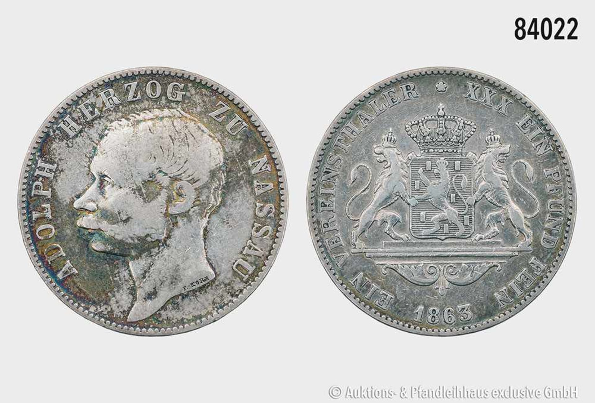 Herzogtum Nassau, Adolph (1839-1866), Taler 1863, von F. Korn. 18,32 g; 33 mm. AKS 64; Jaeger 62;