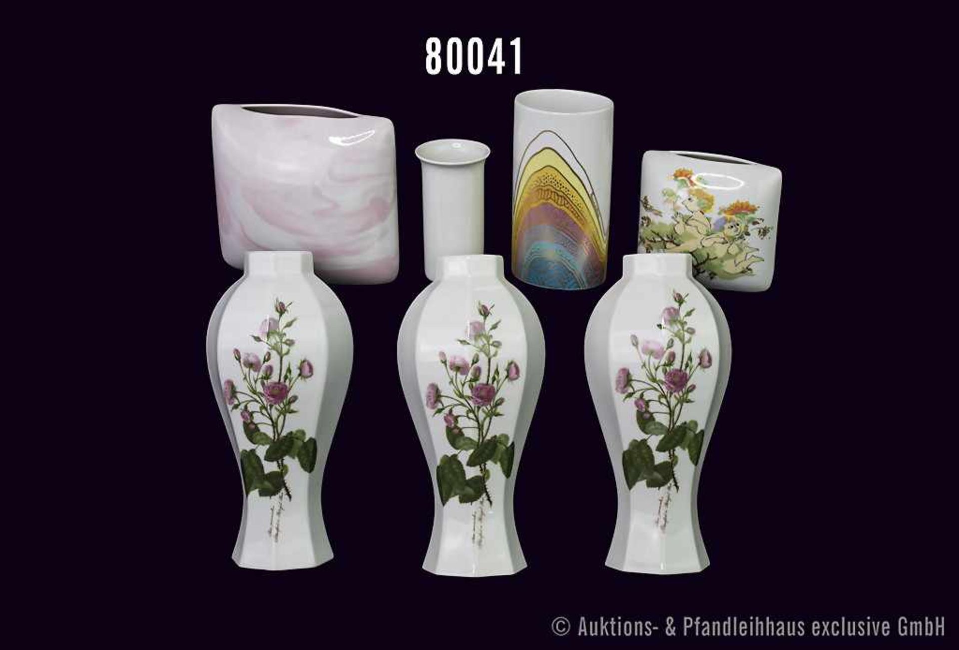 Konv. 7 Rosenthal Vasen, versch. Dekore, dabei 3 Wandvasen Ch'ing Dynsty, K'Ang HSI, H bis 20,5 cm