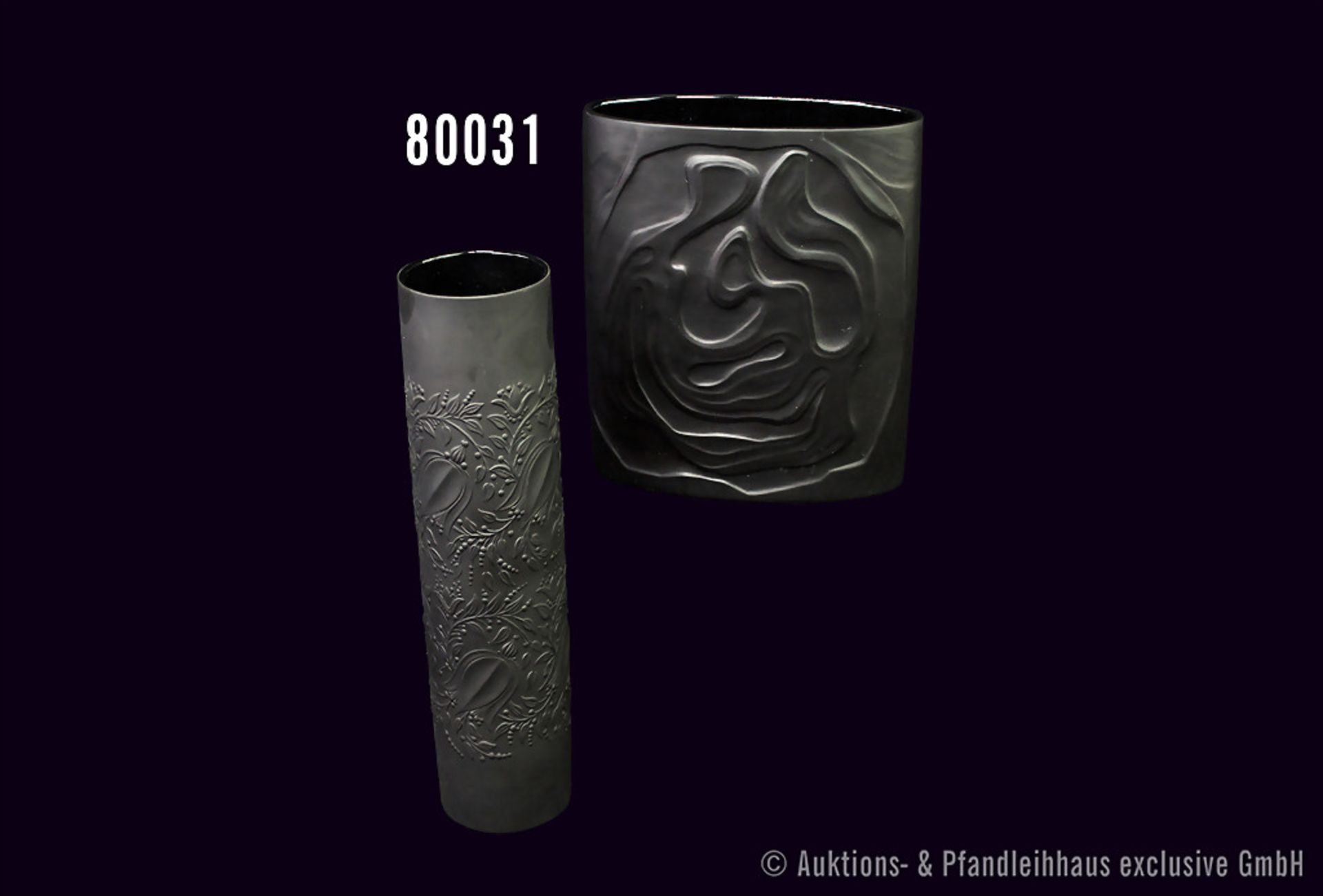 Konv. 2 Rosenthal Porzellan Vasen, schwarz, Porcellain noire, 1 x Relief Vase 3089/20 und 1 x von