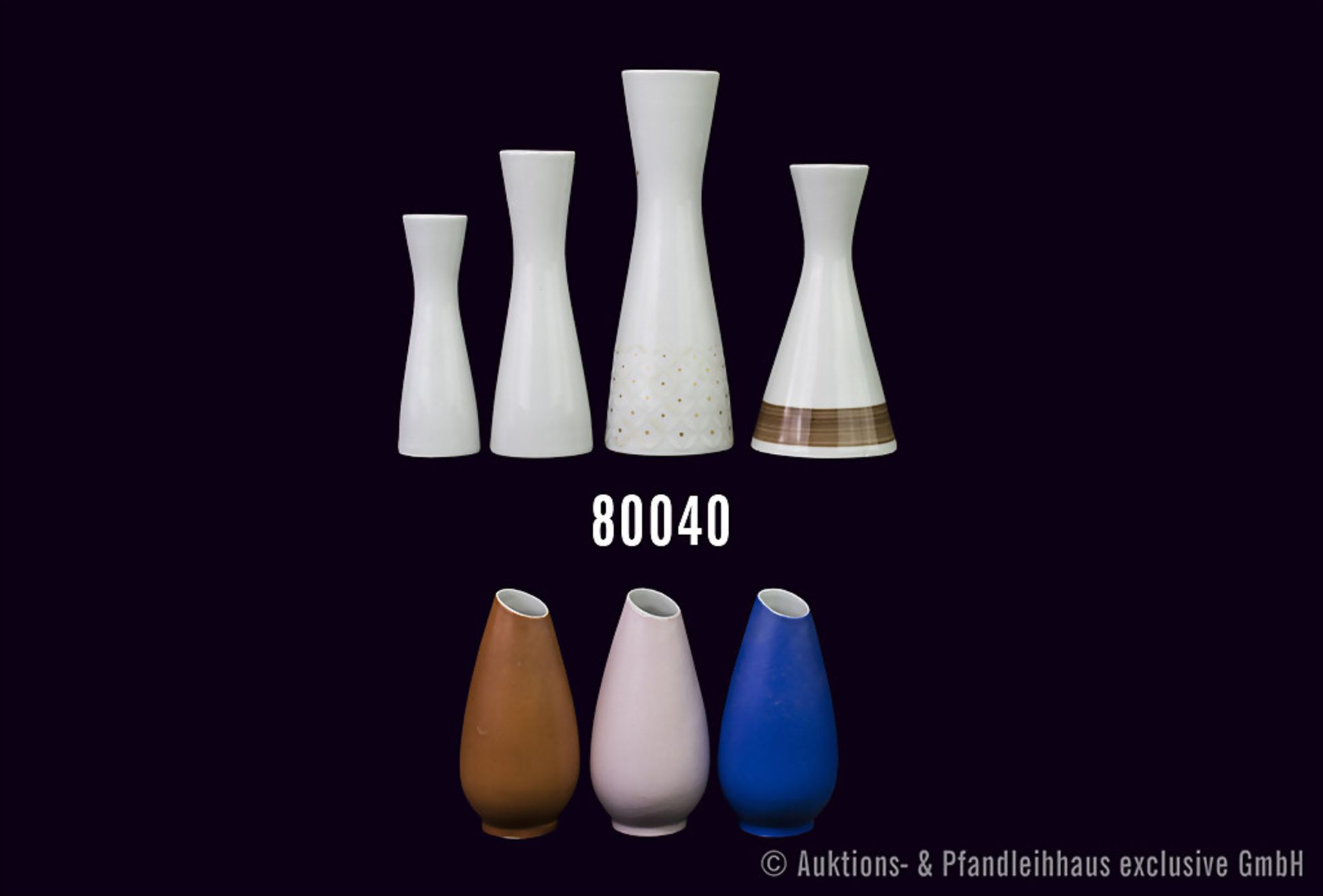 Konv. 7 Rosenthal Vasen, dabei 3 Kronach Germany (rosa 47108, blau 42151, orange 43213), 3 x Form