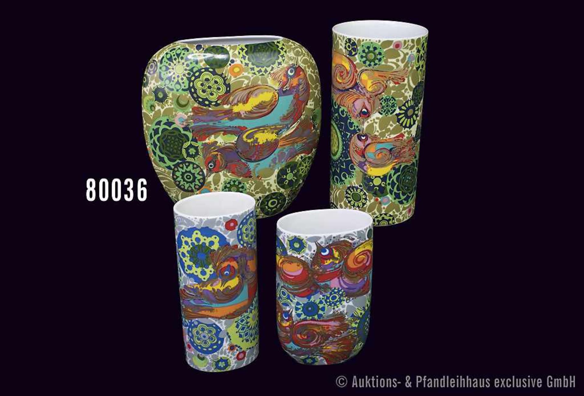 Konv. 4 Rosenthal Porzellan Vasen, Künstler Björn Wiinblad, Dekor Feuervogel, H bis 22,5 cm, sehr