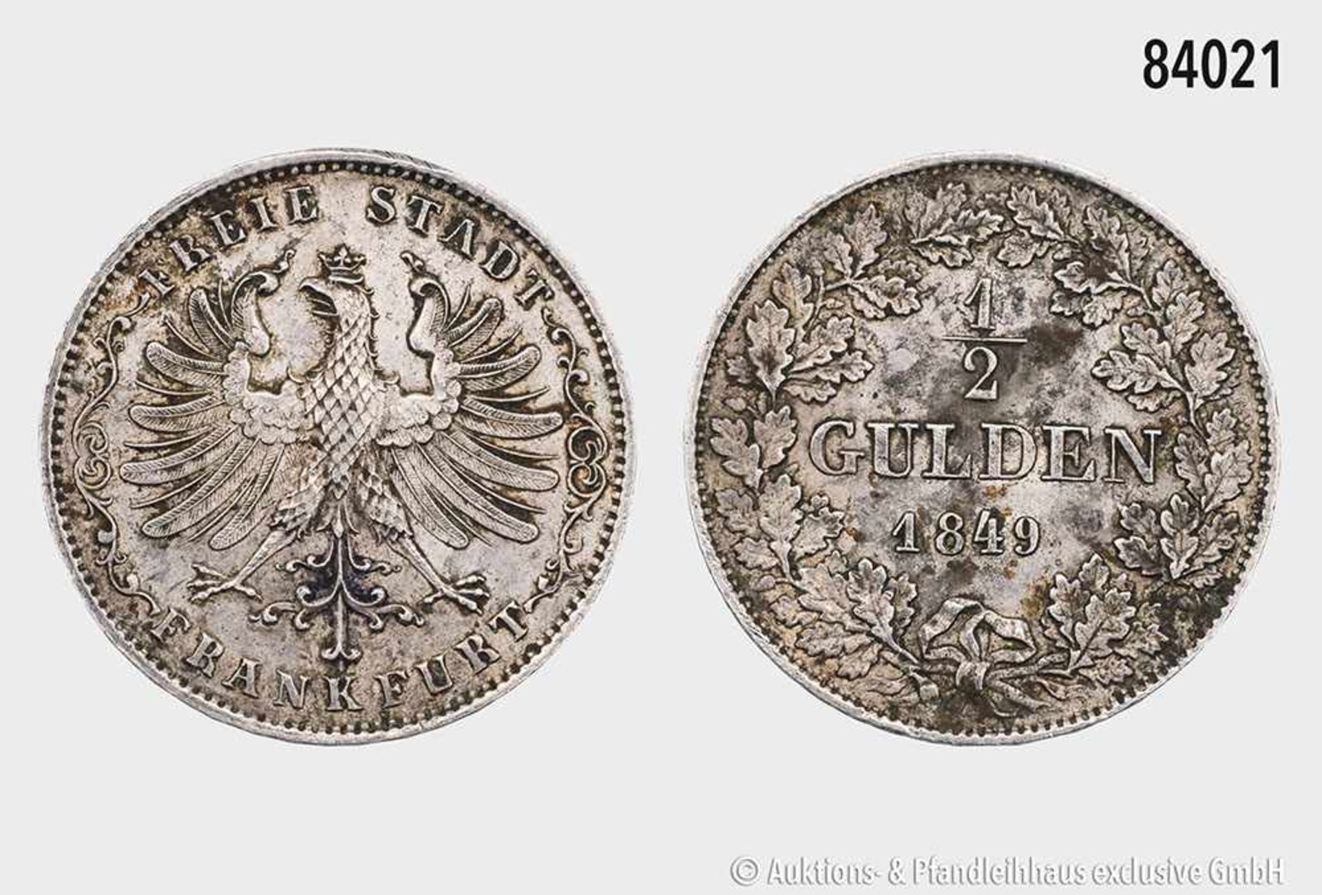 Frankfurt am Main, 1/2 Gulden 1849. 5,30 g; 24 mm. AKS 16; Jaeger 26. Seltener Jahrgang. Patina,