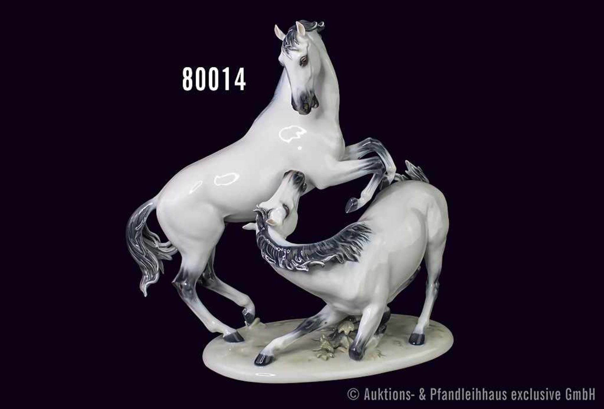 Rosenthal Porzellan 2 Pferde, Pferde weiß/schwarz glasiertes Porzellan, handbemalt, auf ovaler